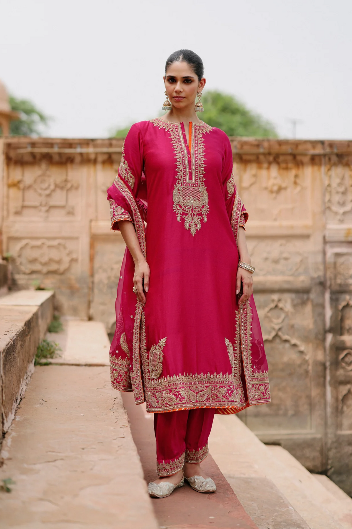 Arwa - Rani Hot Pink Long Kurta Set With Salwar & Dupatta