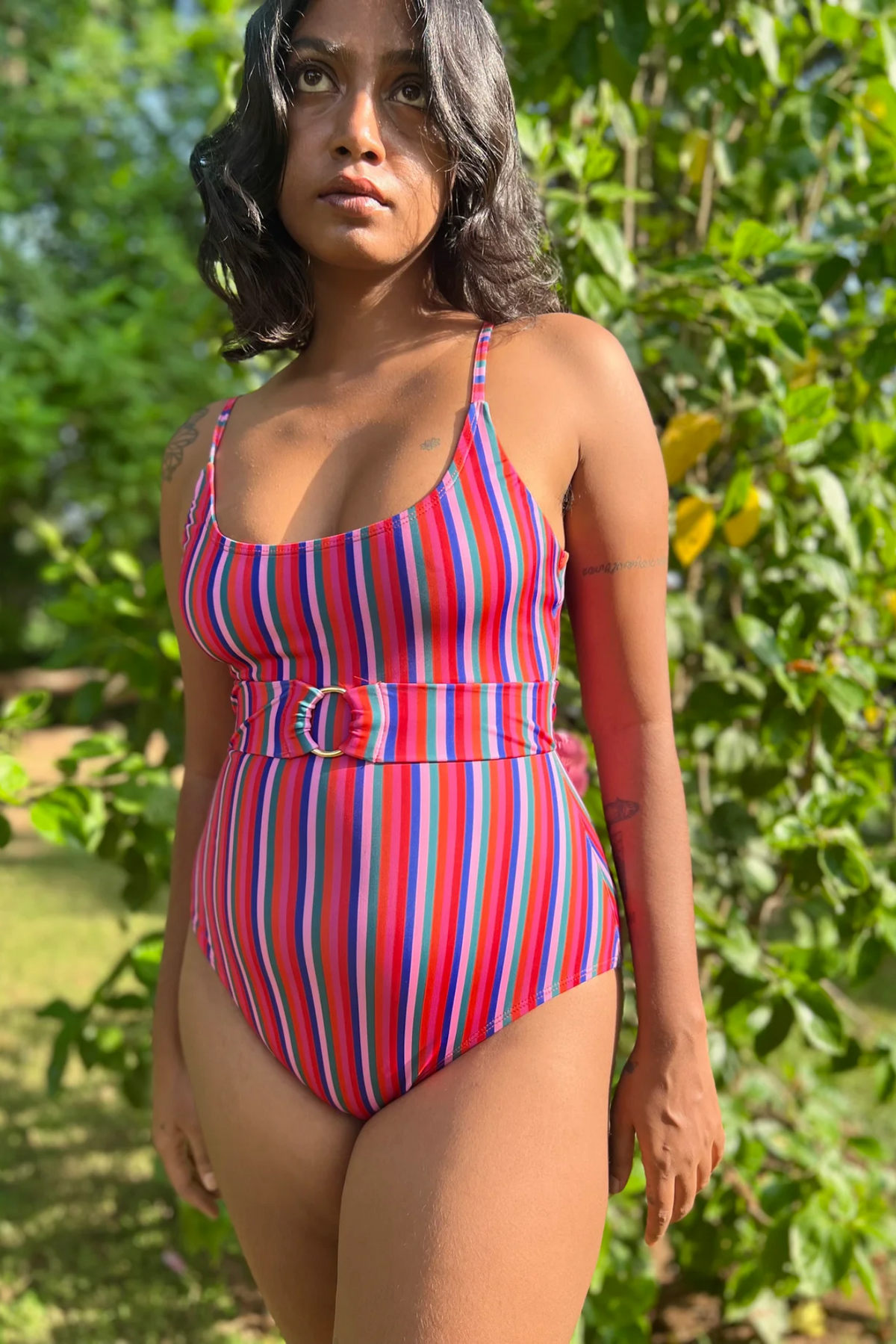 One Piece Swimsuit with Removable Belt - Candy Stripes