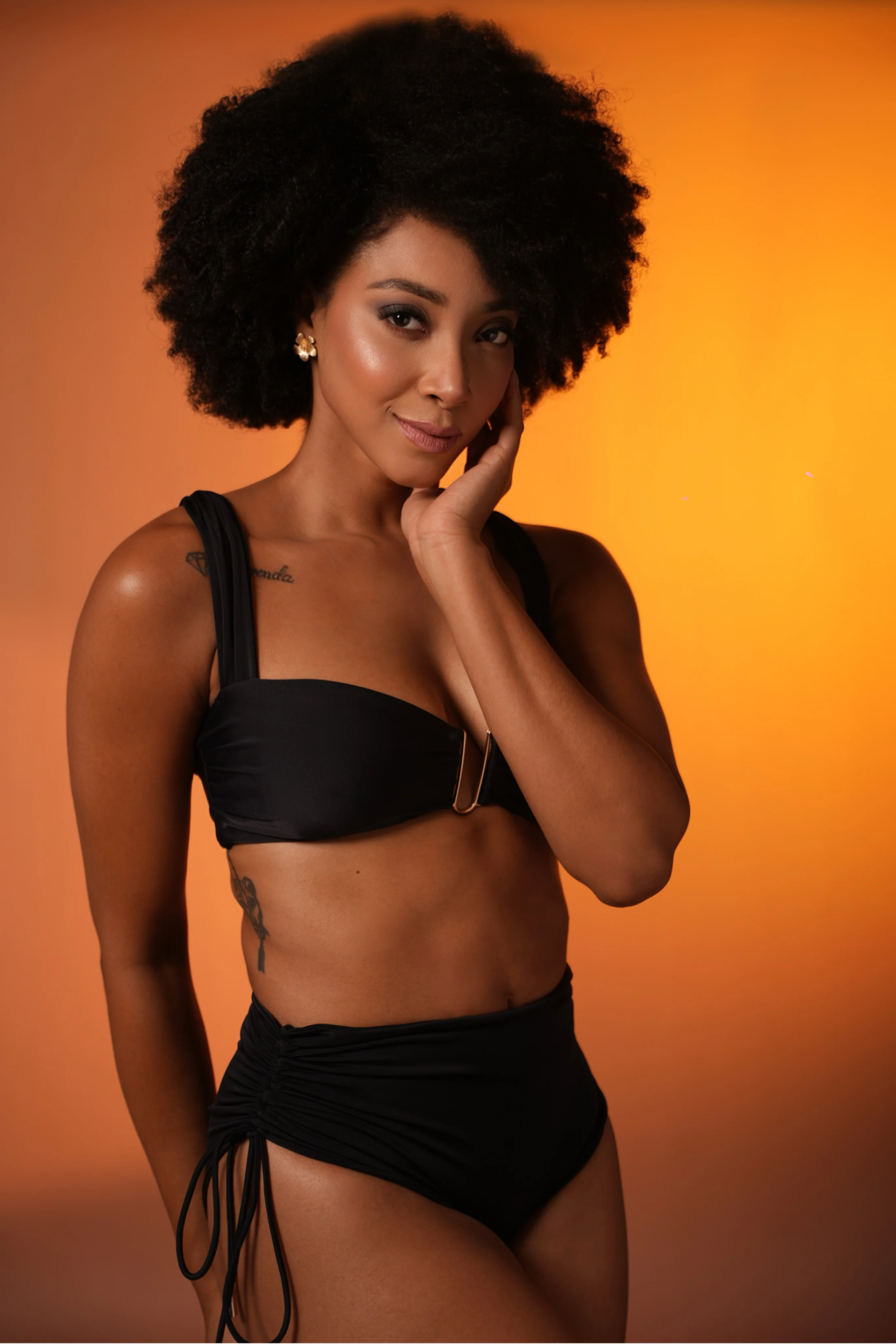 Black Ruched Bikini with High-Waist Bottoms