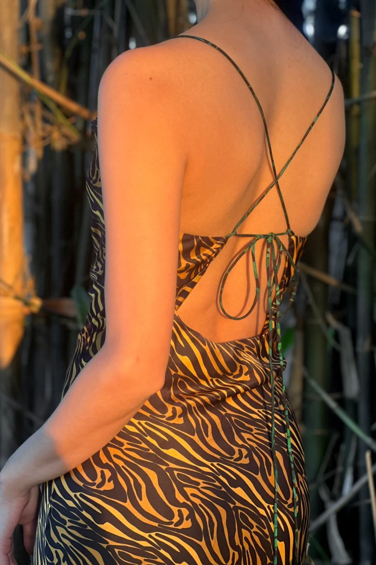 Satin Slip Dress with a Tie-Up Back - Tiger Wave