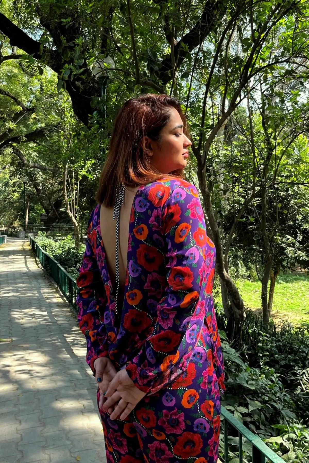 Oriental Poppy Plunge Back Top With Handcrafted Tie-Ups