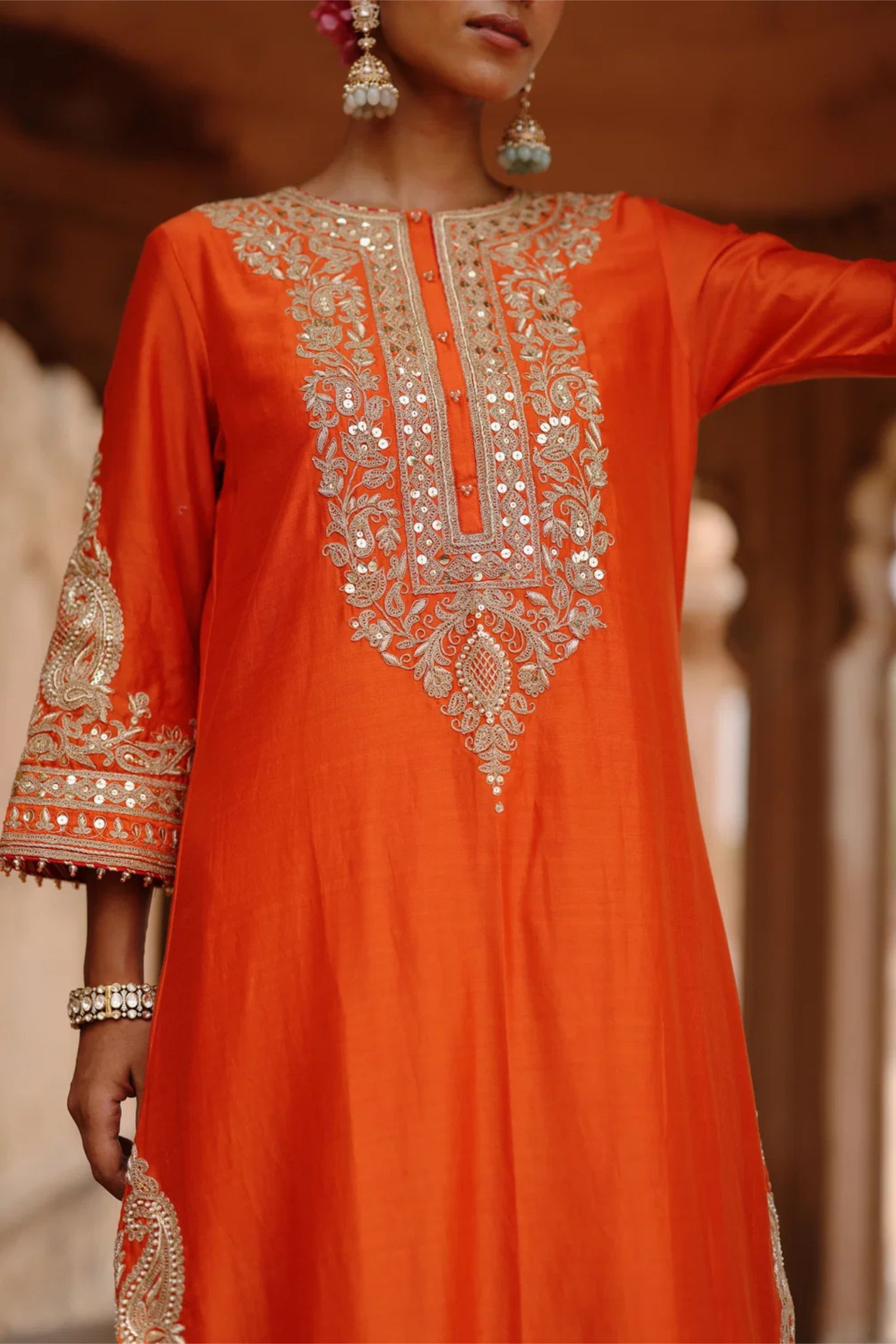 Umaira - Burnt Orange Long Kurta Set with Salwar & Dupatta