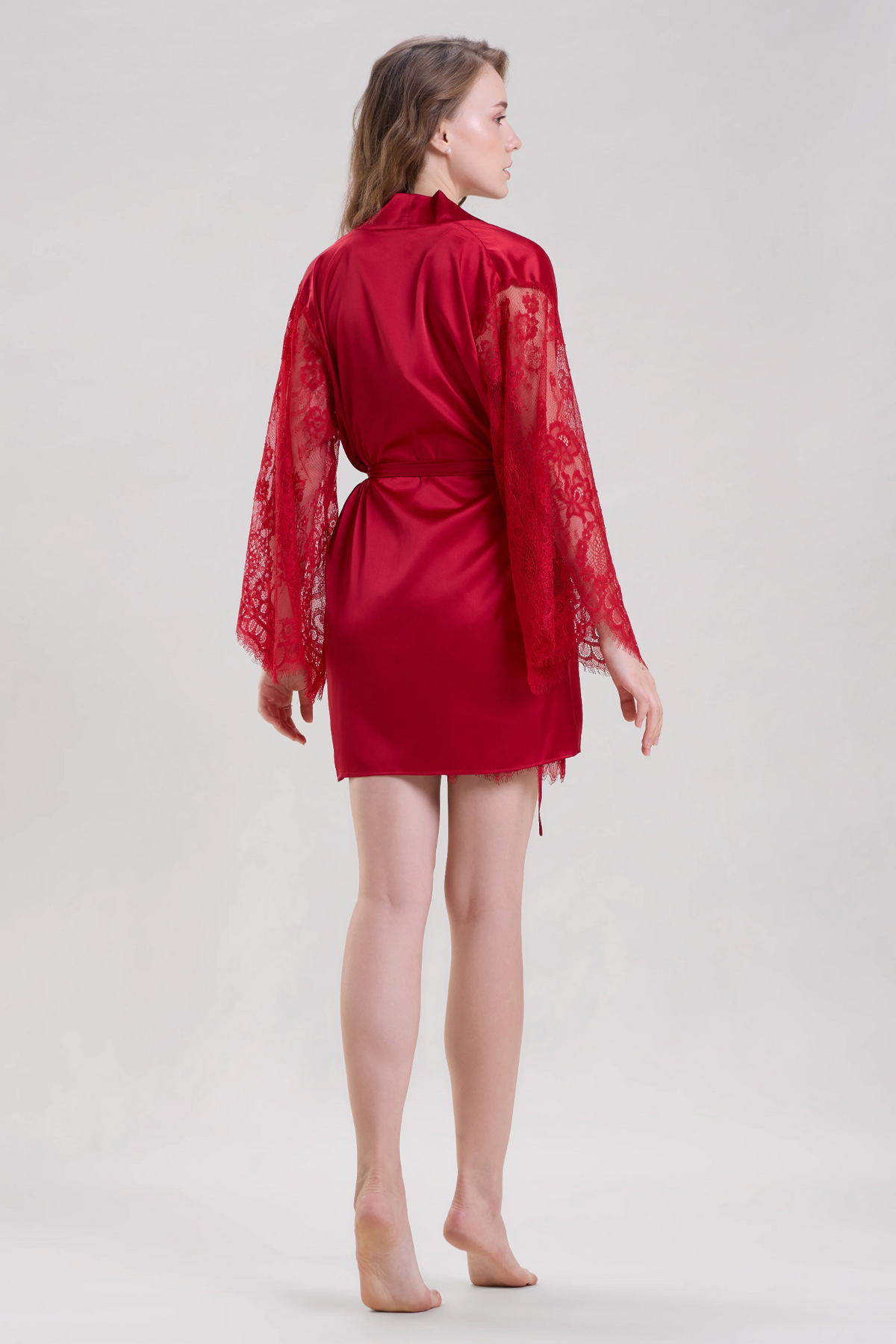 Red Satin Robe with Lace Sleeves