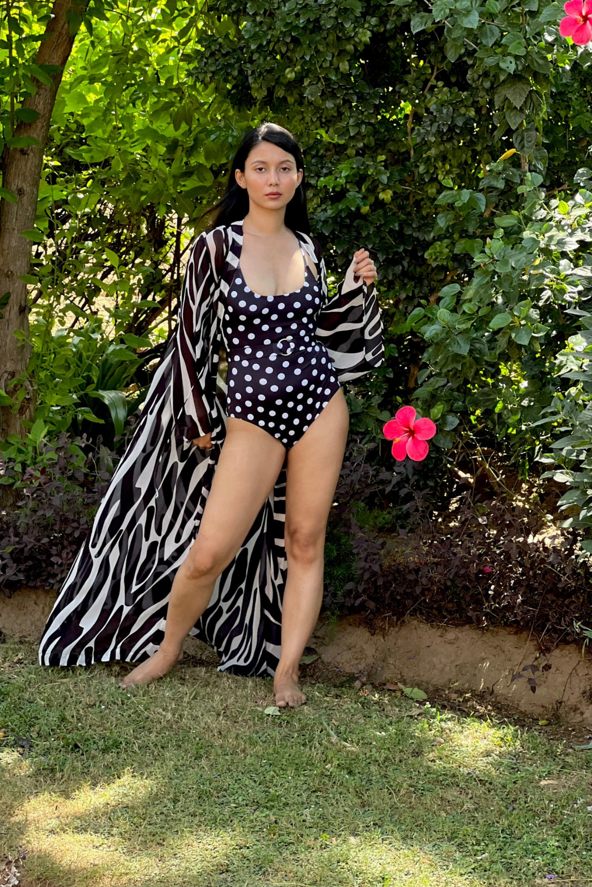 One Piece Swimsuit with Removable Belt- Noir Dot