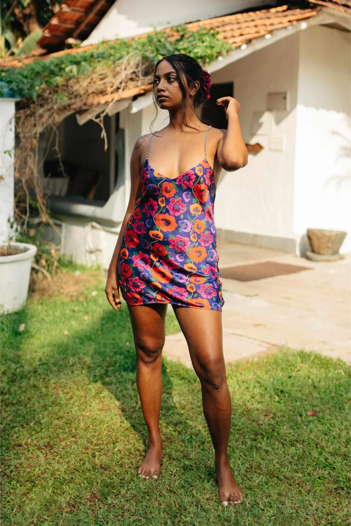 Oriental Poppy Short Slip Dress With Adjustable Handcrafted Straps