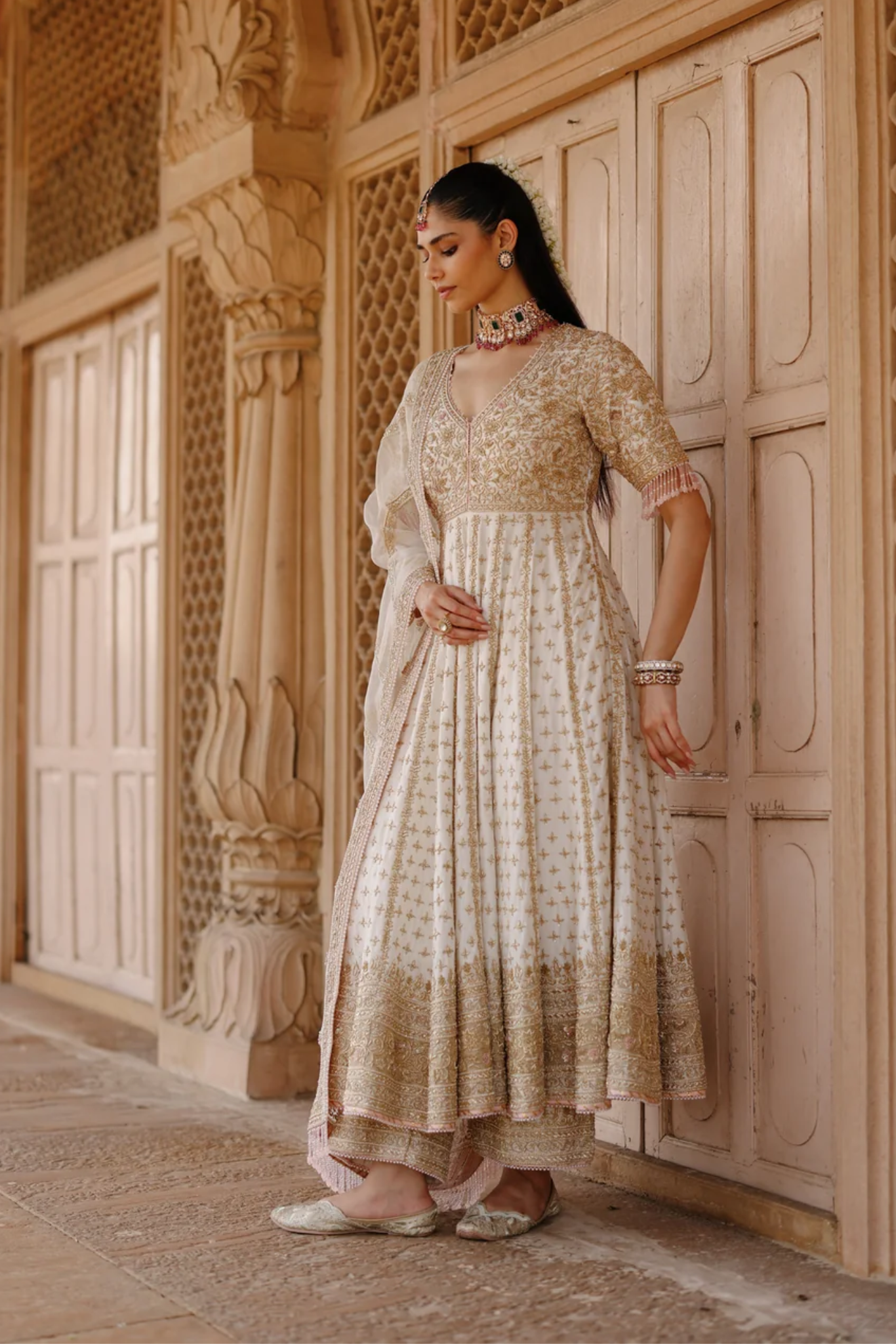 Nafees - Daisy Ivory Kalidaar Anarkali Set With Palazzo & Dupatta
