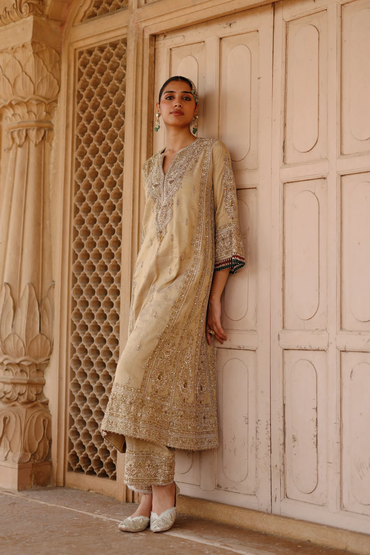 Nazaara - Gold Tissue Long Kalidaar Chauga Set With Palazzo & Dupatta