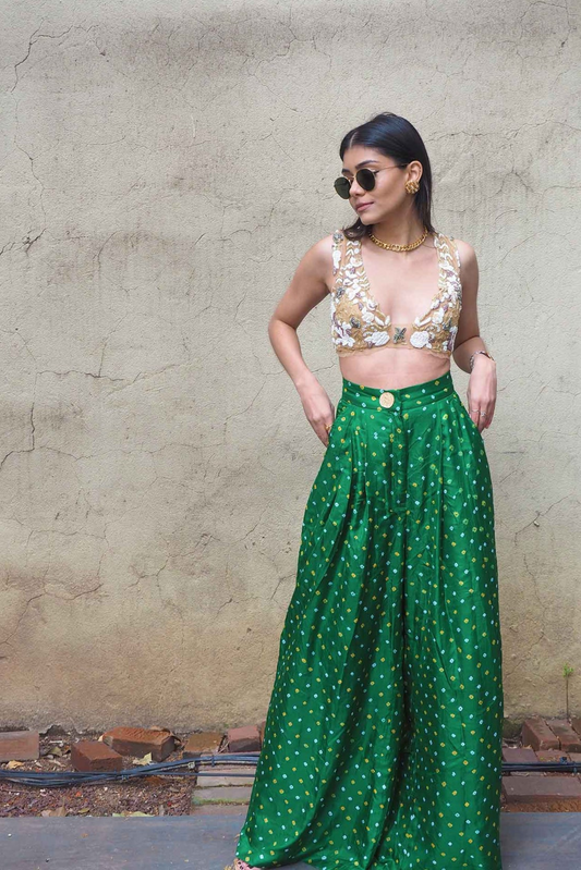 EMERALD BANDHINI TROUSERS, SLINKY NUDE BLOUSE
