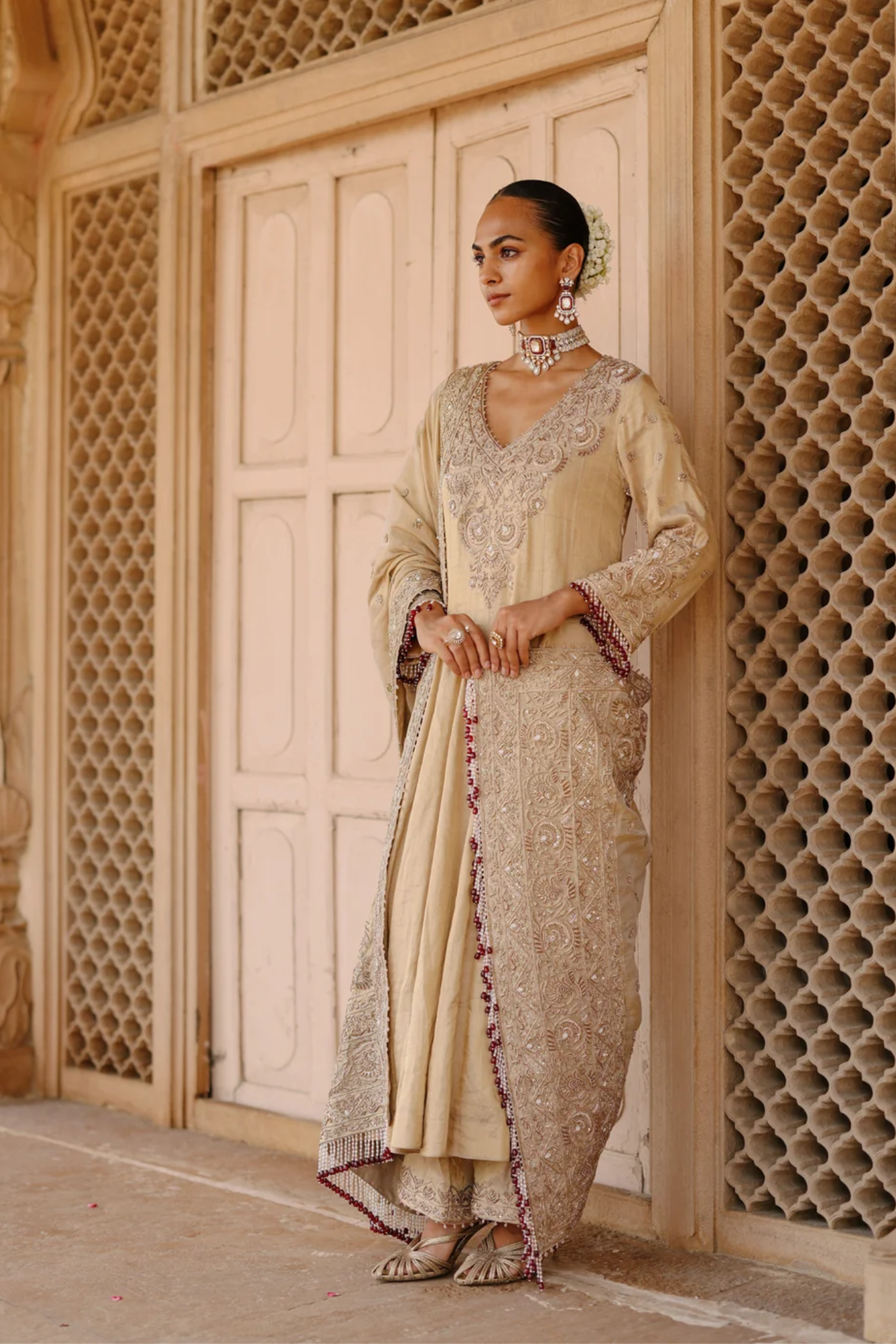 Rooh – Gold Tissue Long Kalidaar Anarkali Set With Palazzo & Dupatta