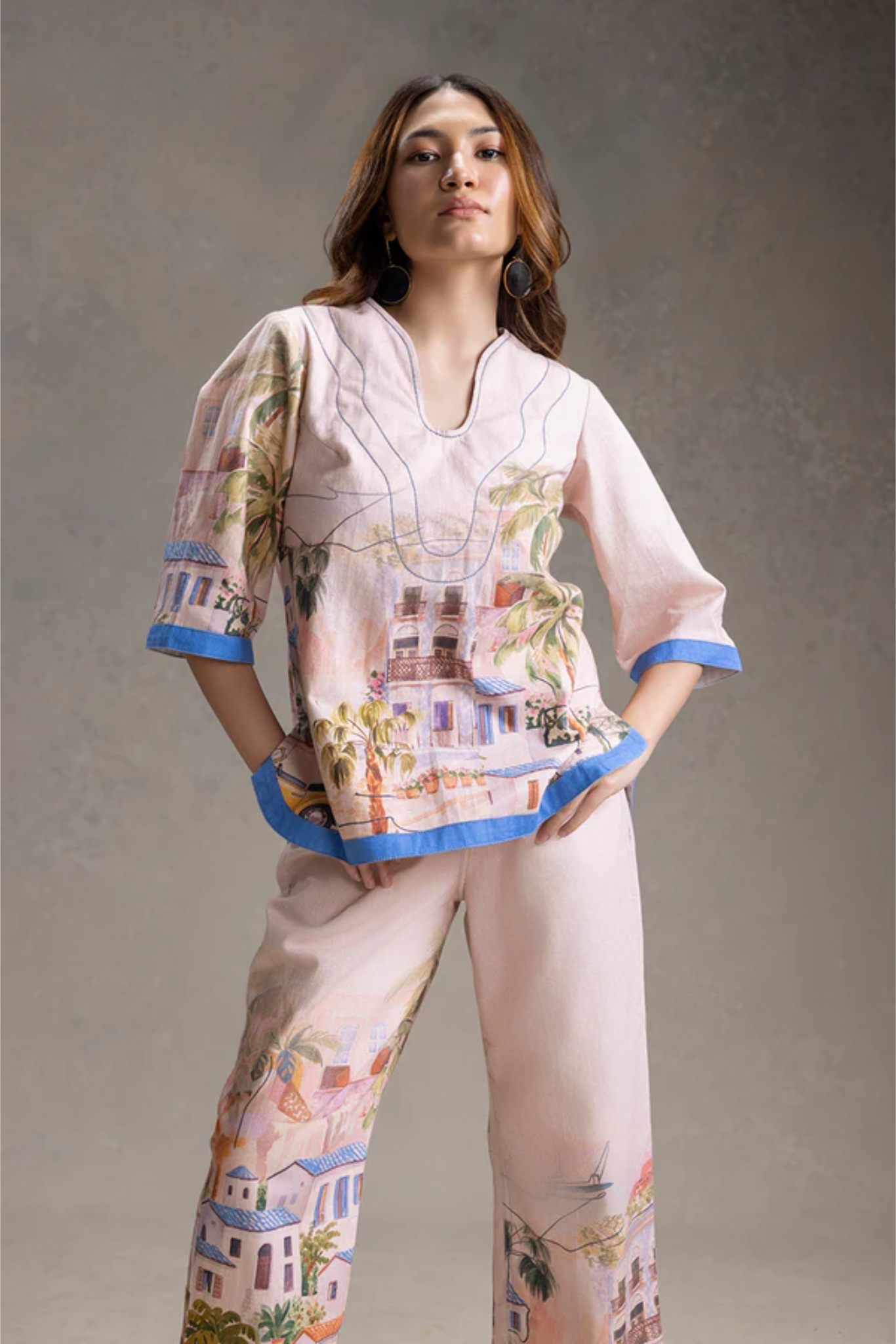Reviera Printed Neck-Detail Top and Pants