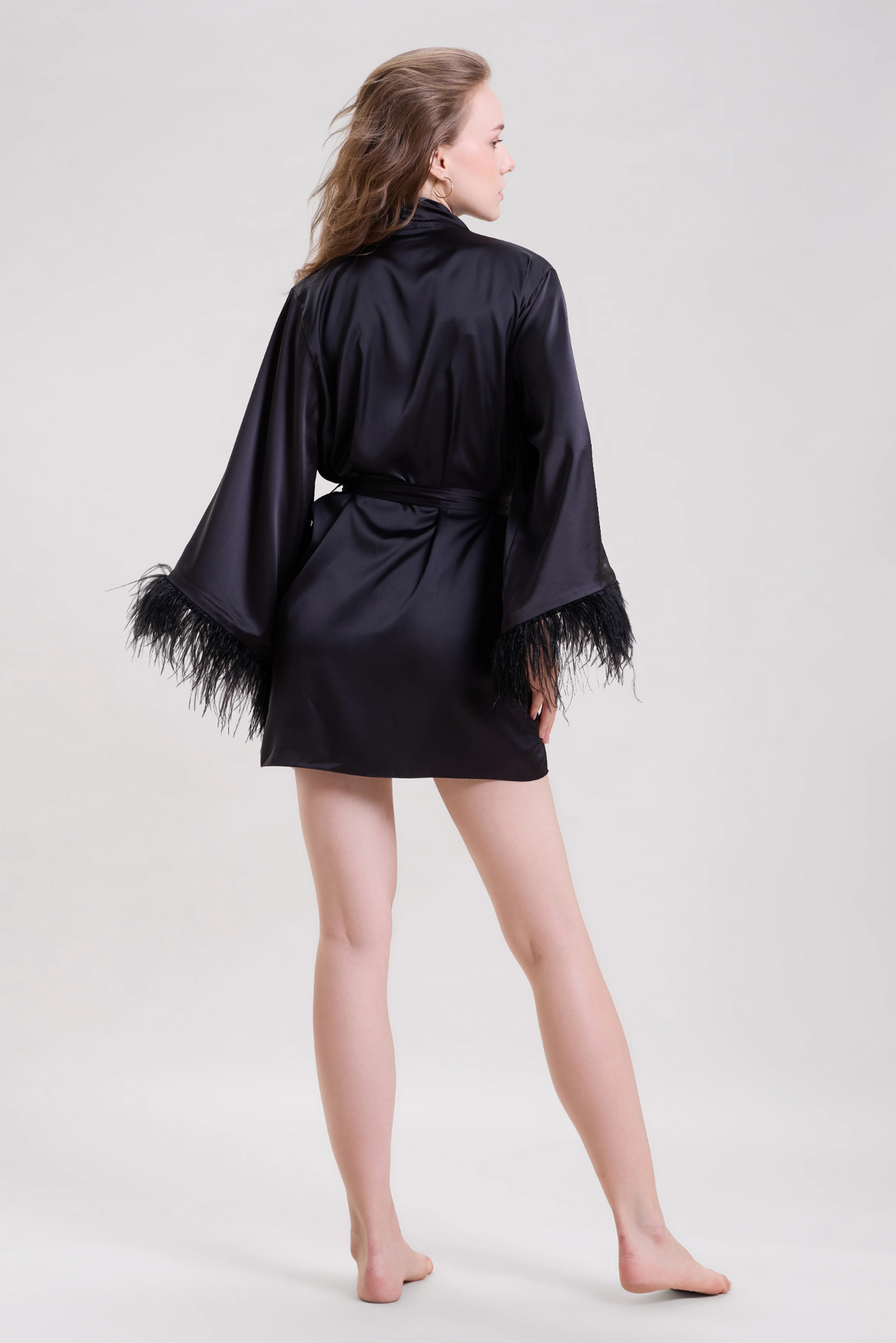 Midnight Black Robe with Feather Sleeves