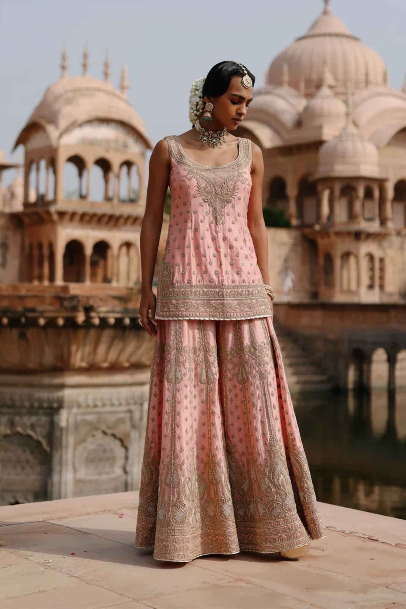 Tasnim - Pink Kurta Set with Sharara & Dupatta
