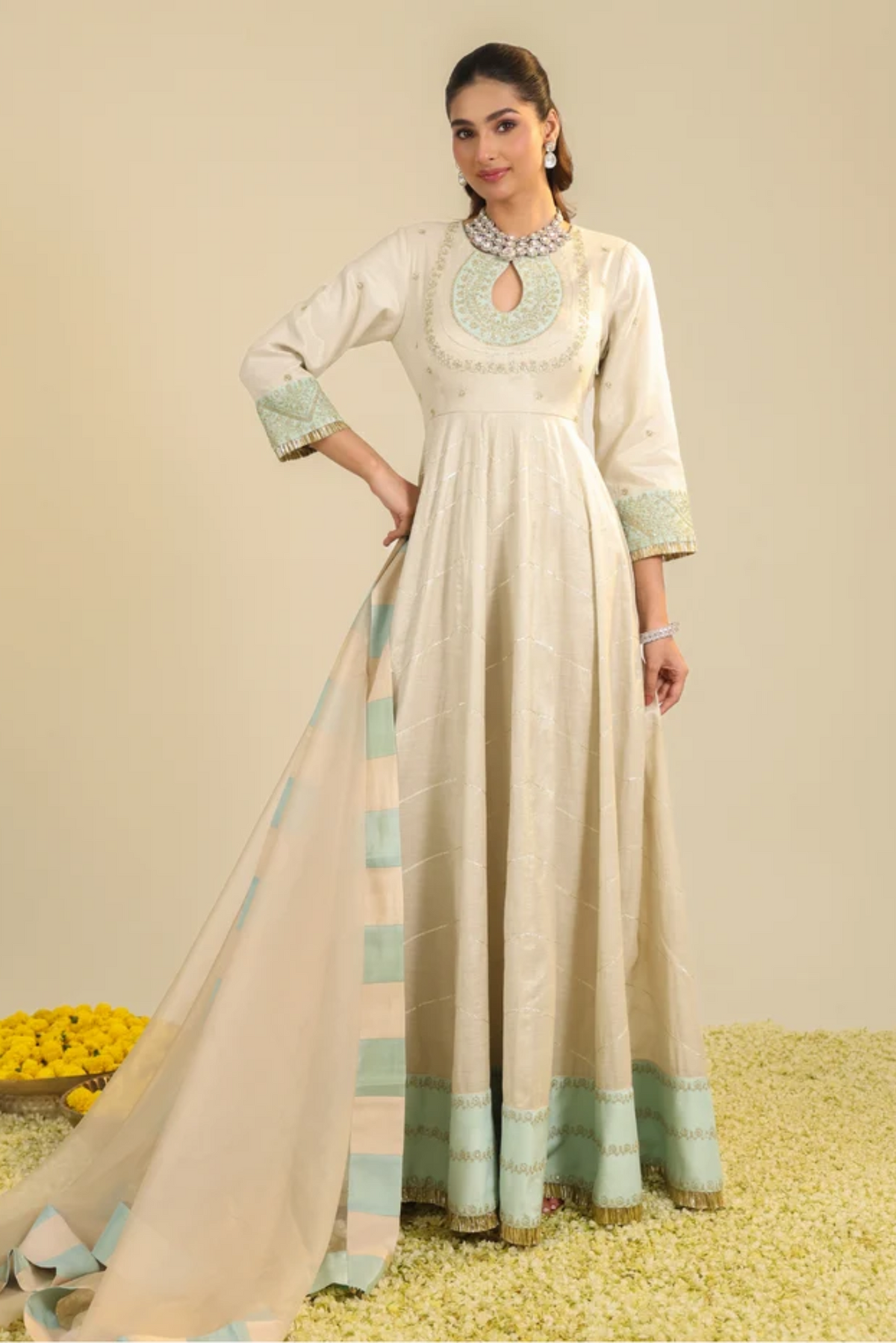 Off White Shimmer Tarini Anarkali Set