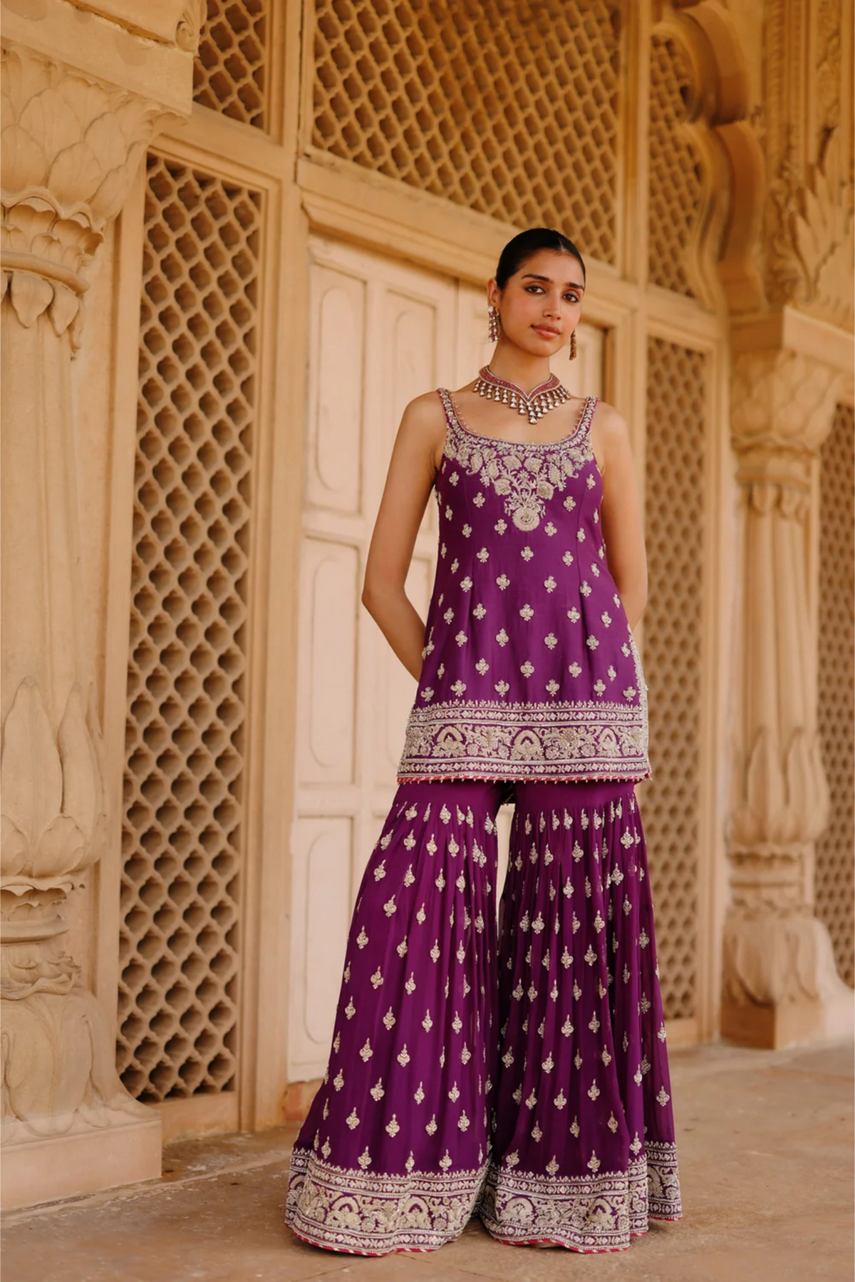 Shahbano - Deep Purple Kurta Set With Garara & Dupatta