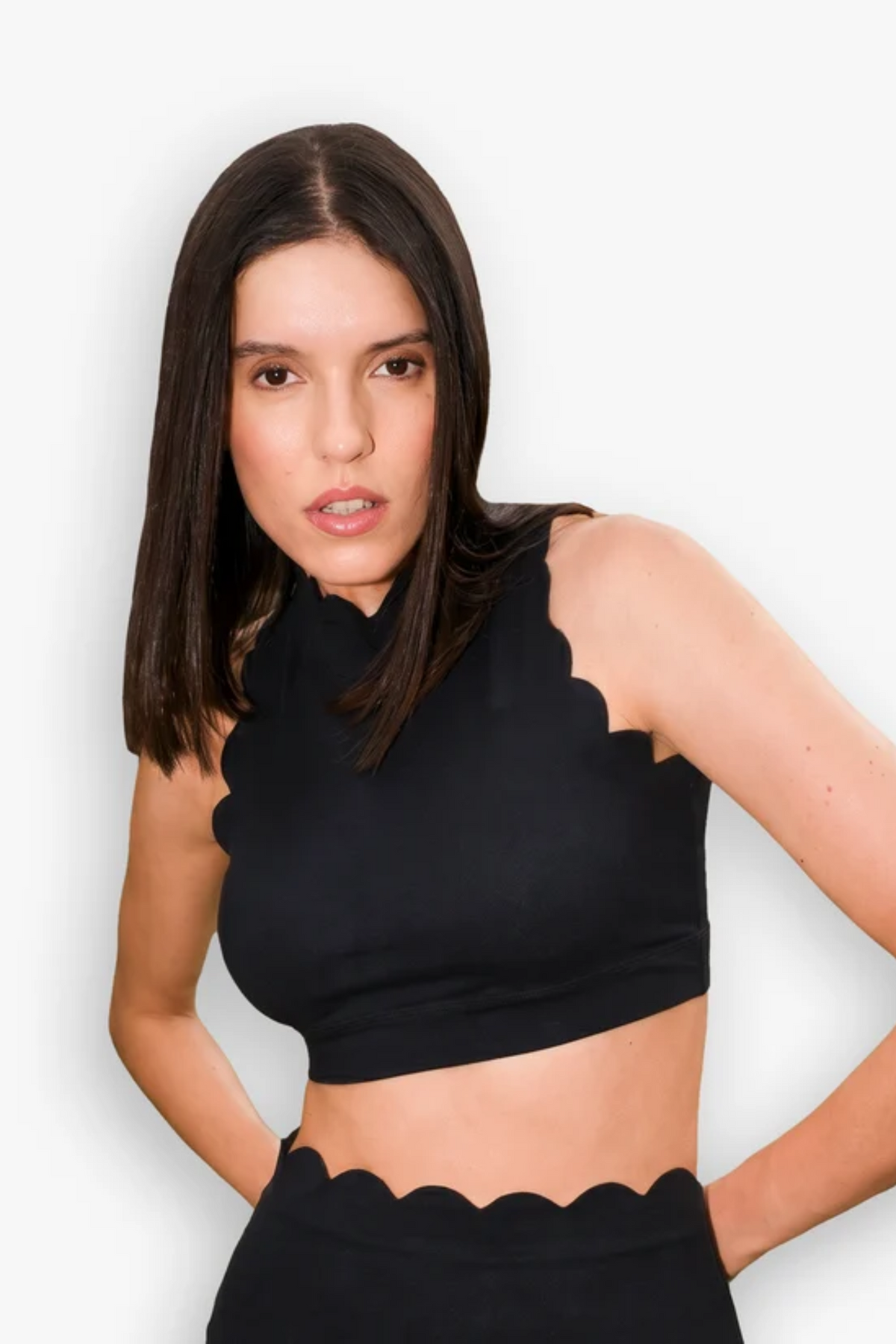 The Scallop High Neck Top in Moon Black
