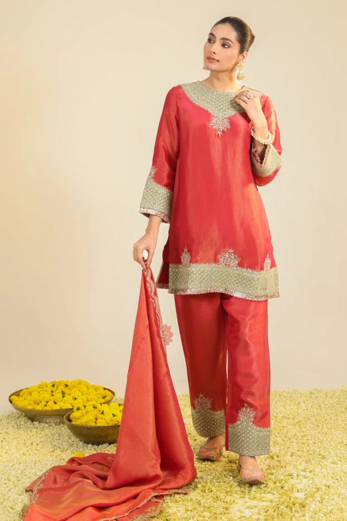 Red Divine Tissue Kurta Set