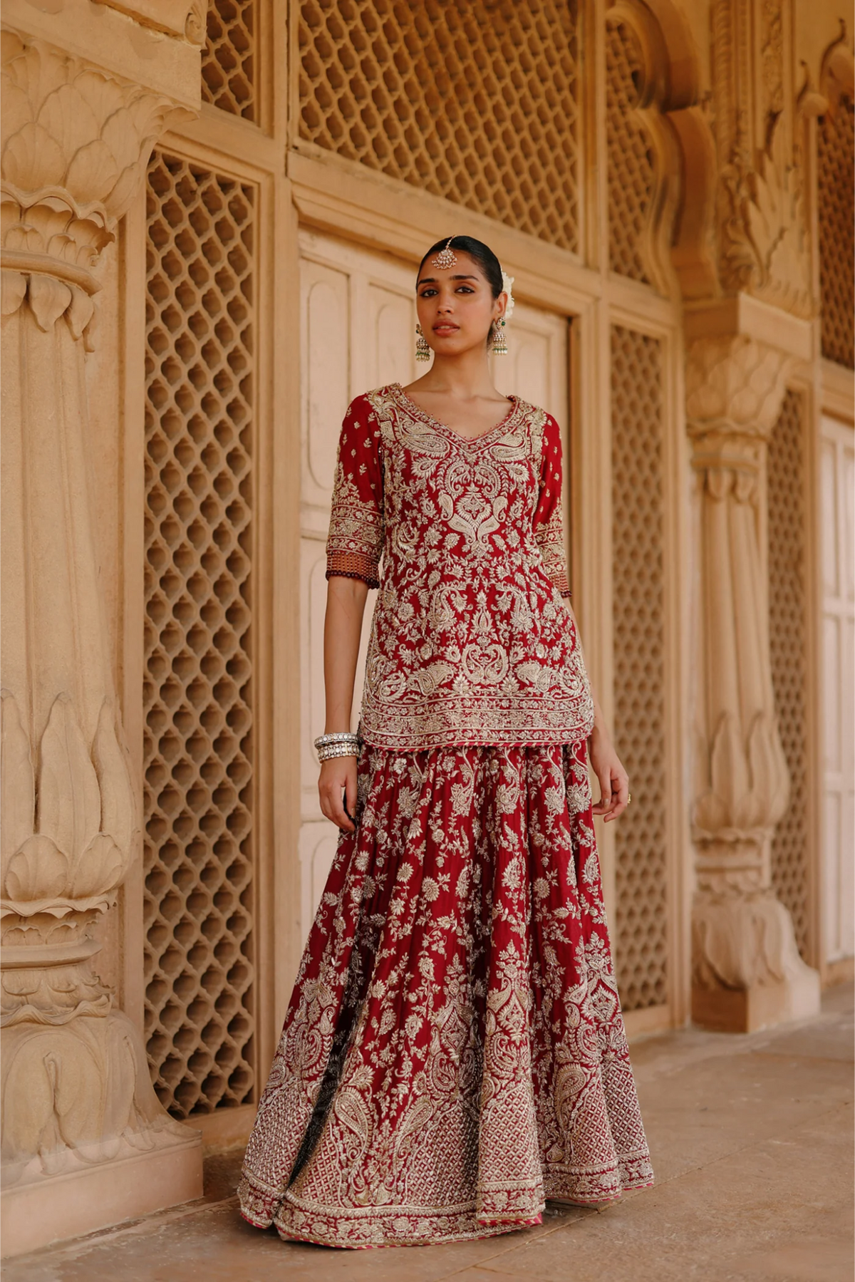 Merab - Deep Red Kurta Set With Lehenga & Dupatta