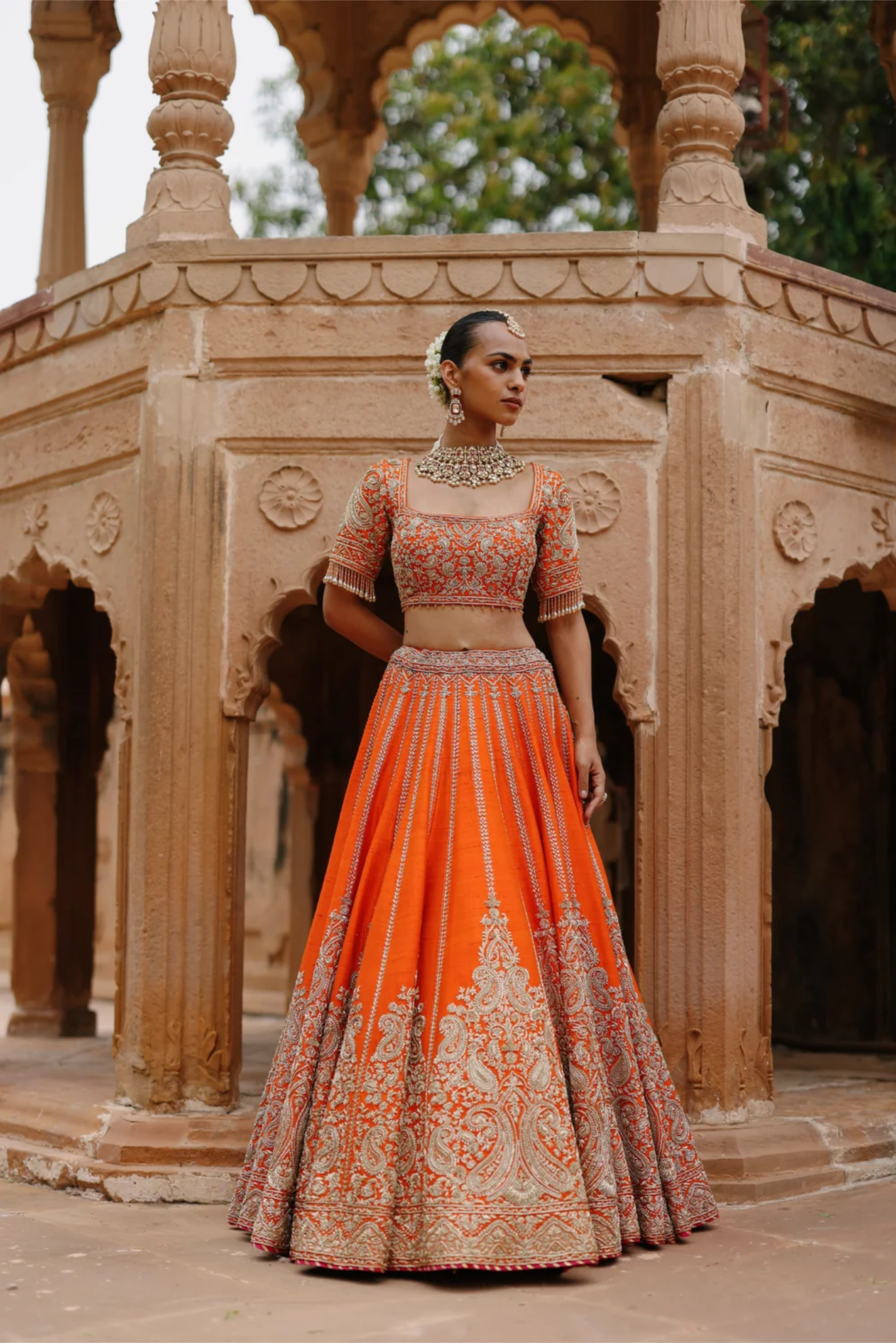 Nagma - Orange Lehenga Set With Blouse & Rani Hot Pink Dupatta