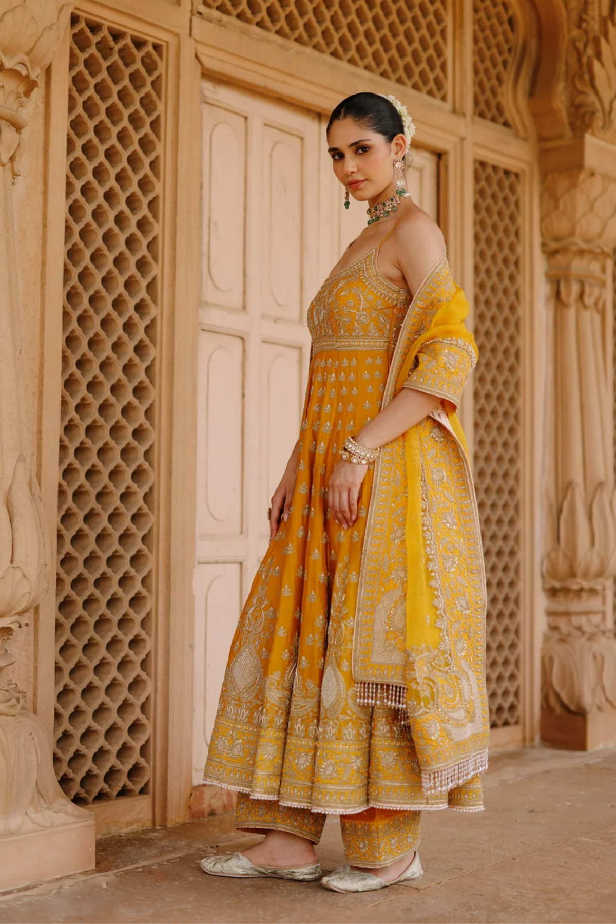Afraa - Mustard Anarkali Set With Palazzo & Dupatta