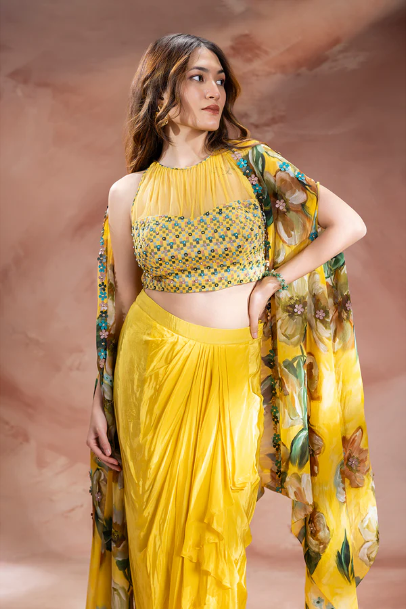 Zeya Embellished Drape Skirt Set with Cape