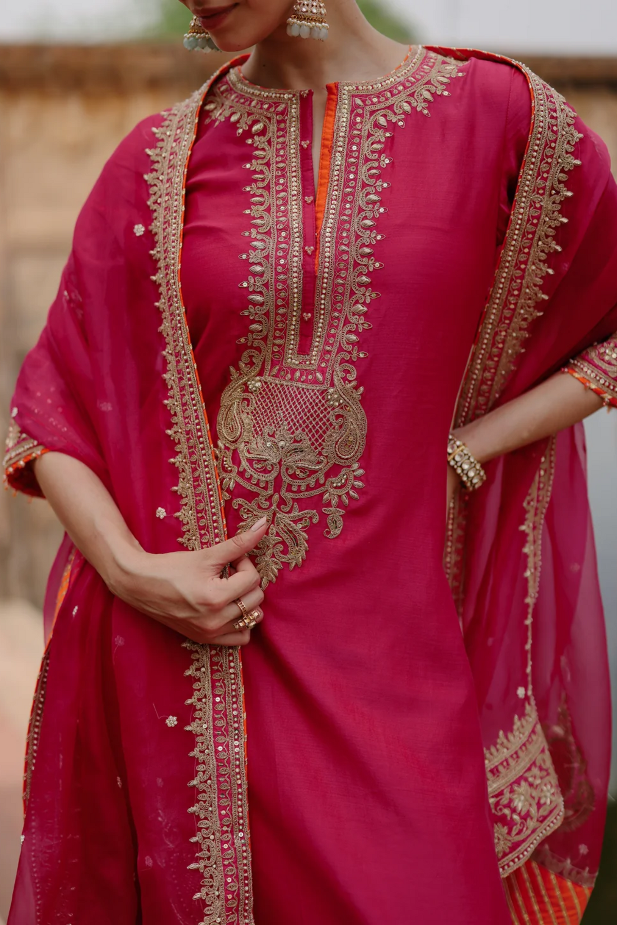 Arwa - Rani Hot Pink Long Kurta Set With Salwar & Dupatta
