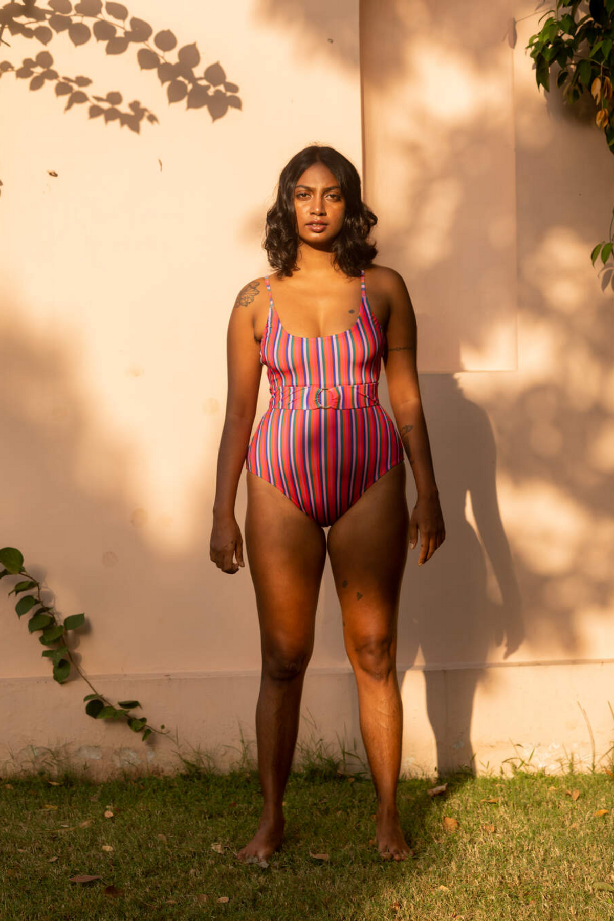 One Piece Swimsuit with Removable Belt - Candy Stripes