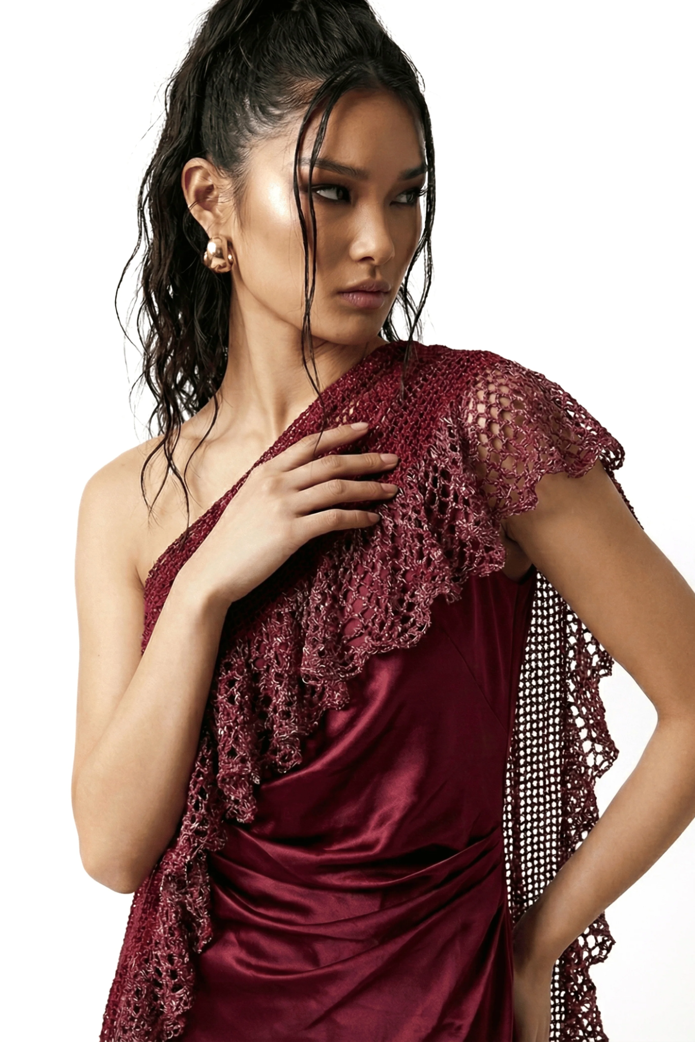 ASTRIA Crochet One Shoulder Dress - Burgandy