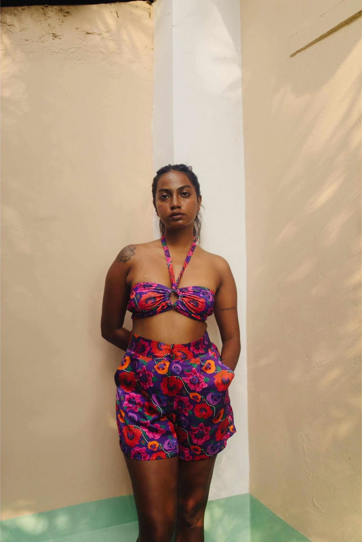 Oriental Poppy High Waist Shorts With Side Pockets