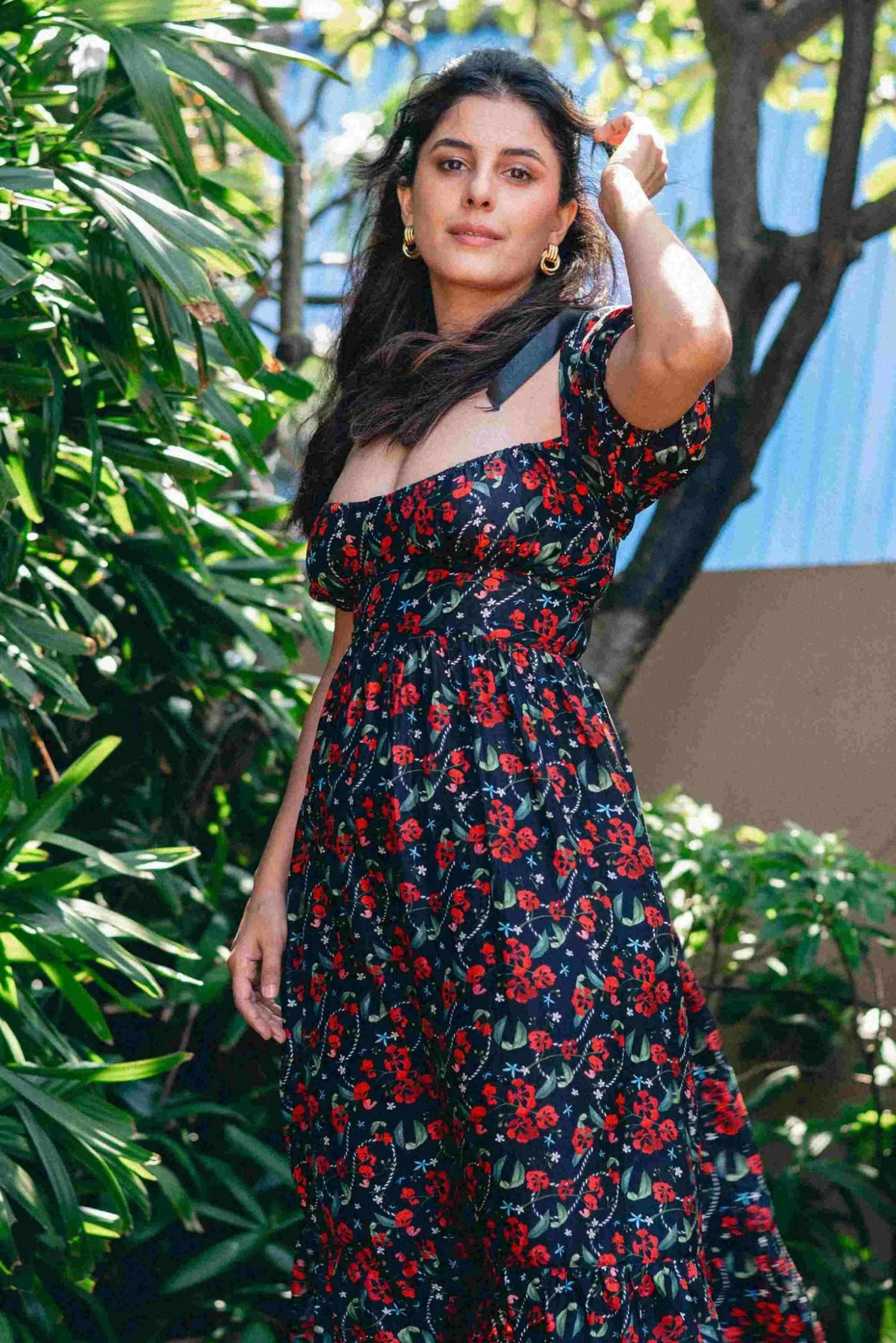 Royal Poinciana Back Tie Up Corset Dress With Pockets