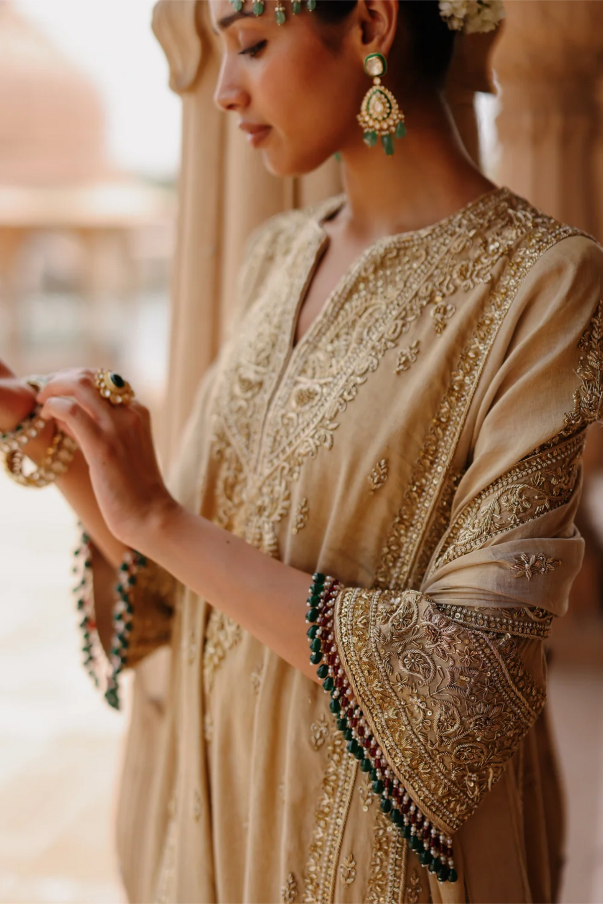 Nazaara - Gold Tissue Long Kalidaar Chauga Set With Palazzo & Dupatta