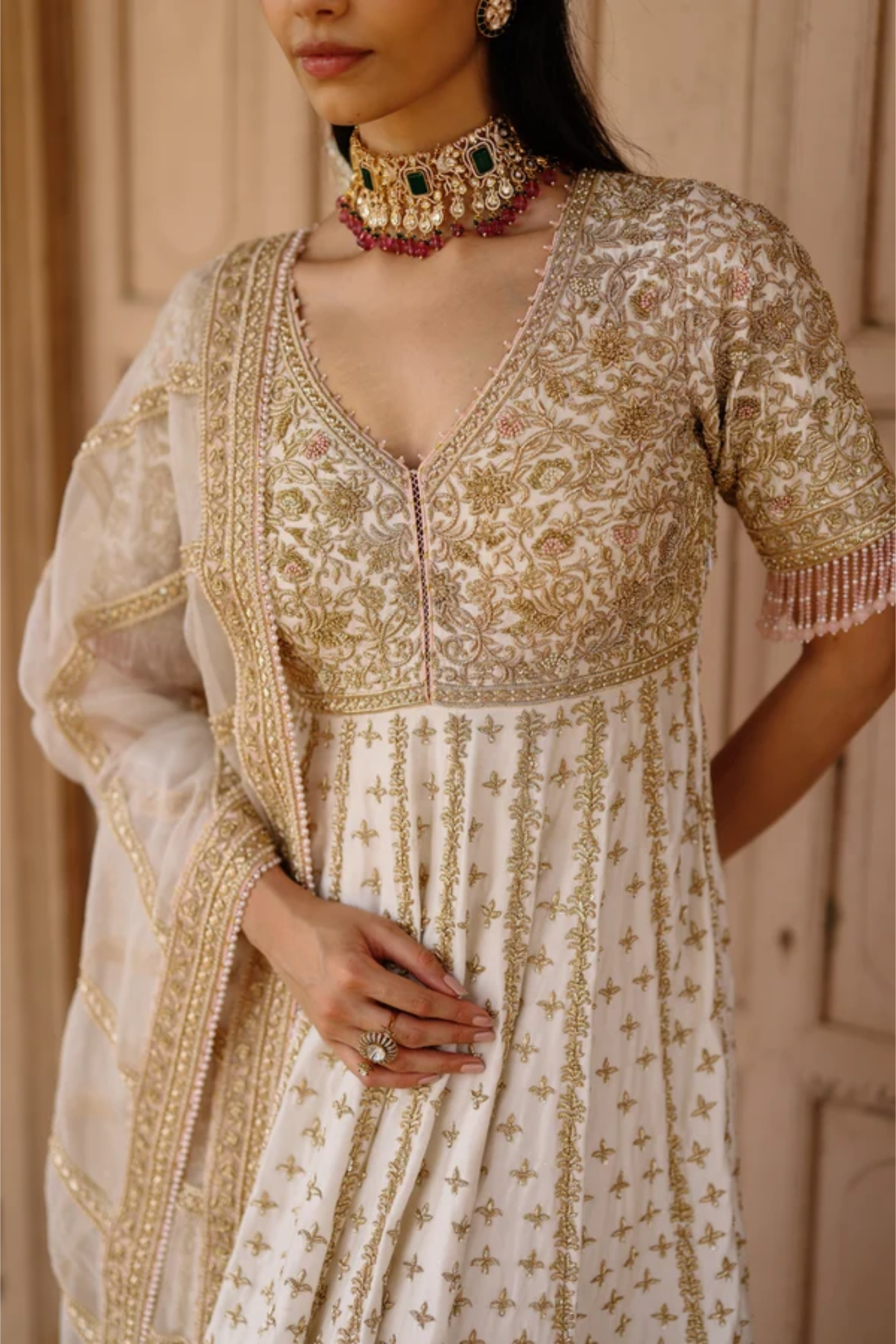 Nafees - Daisy Ivory Kalidaar Anarkali Set With Palazzo & Dupatta