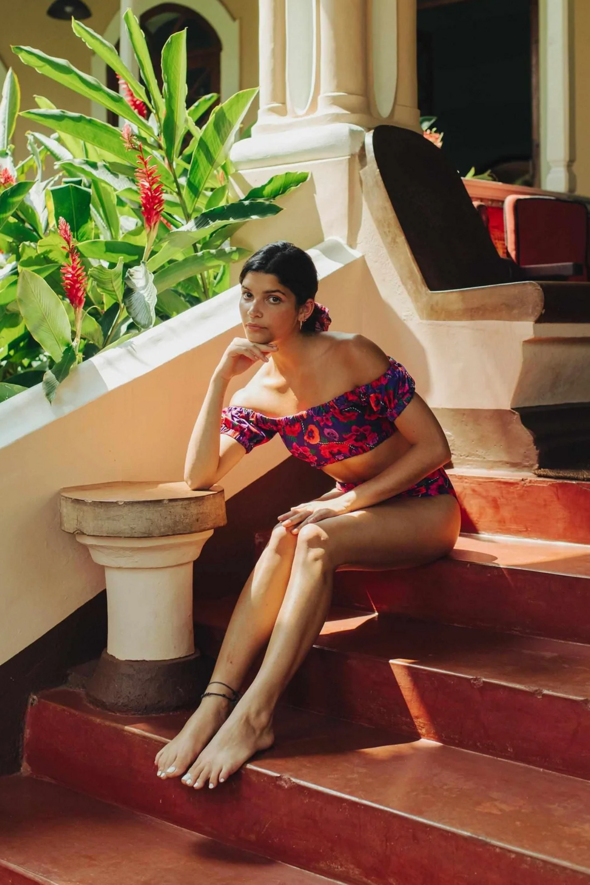Oriental Poppy Ruched Off Shoulder Bikini Top