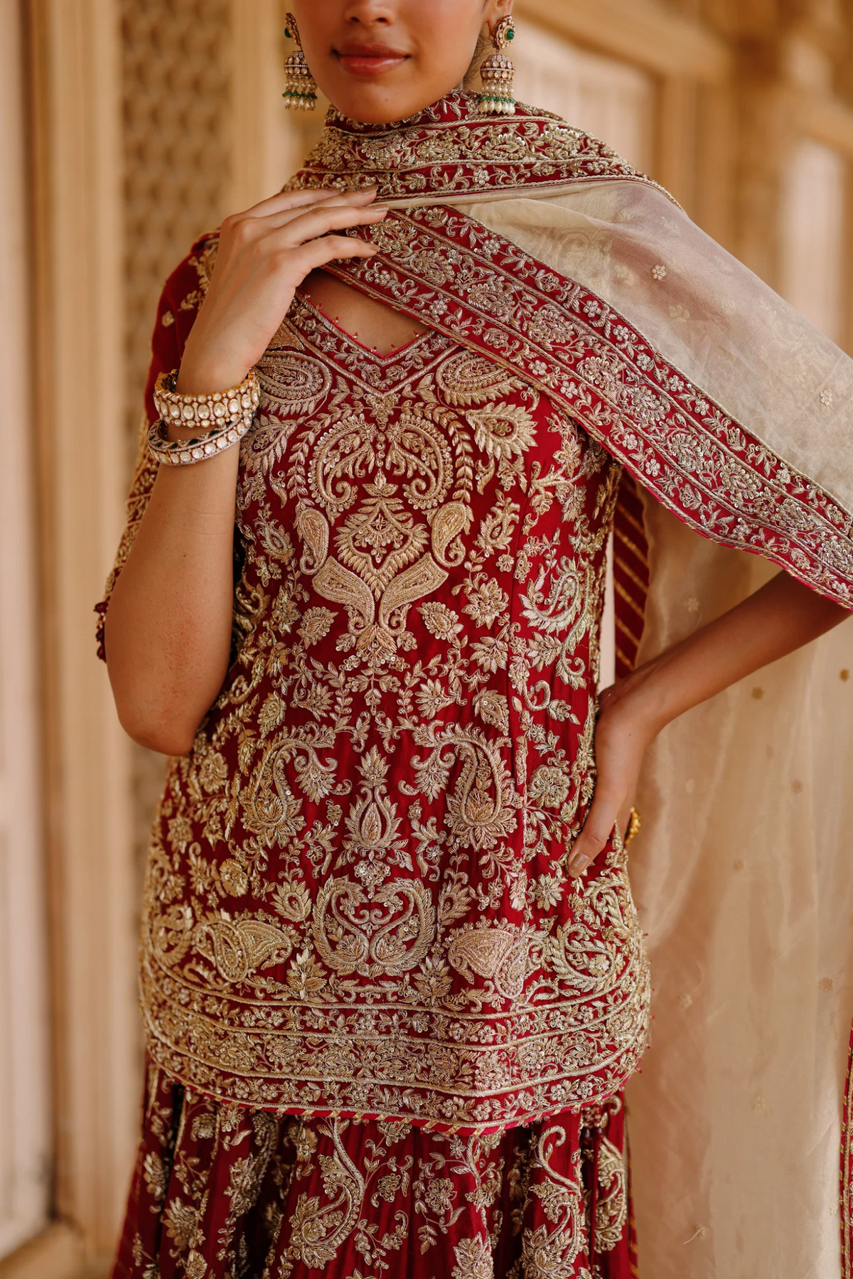Merab - Deep Red Kurta Set With Lehenga & Dupatta