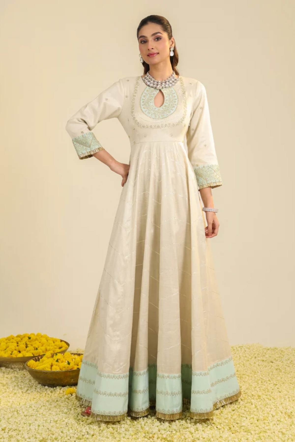 Off White Shimmer Tarini Anarkali Set