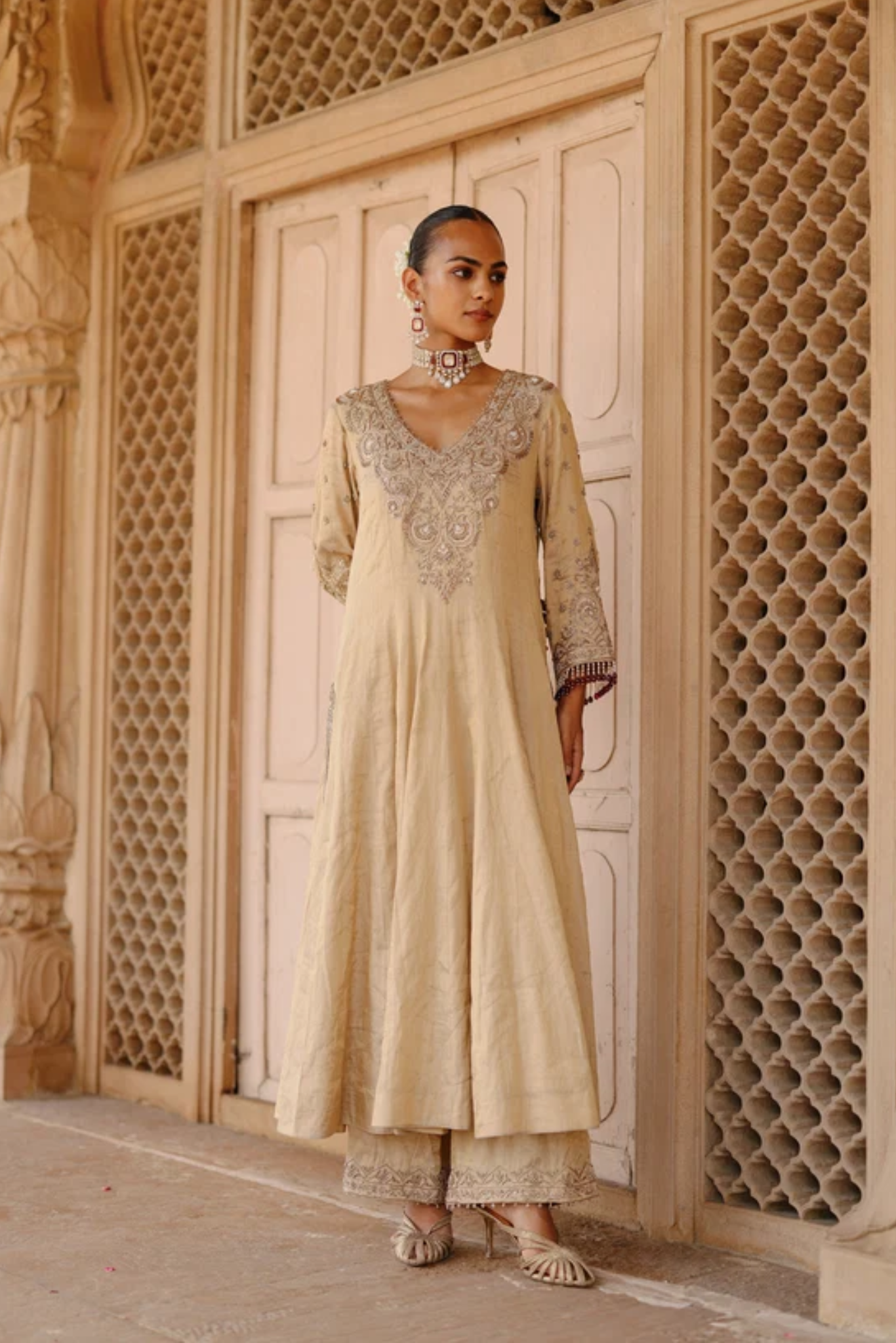 Rooh – Gold Tissue Long Kalidaar Anarkali Set With Palazzo & Dupatta