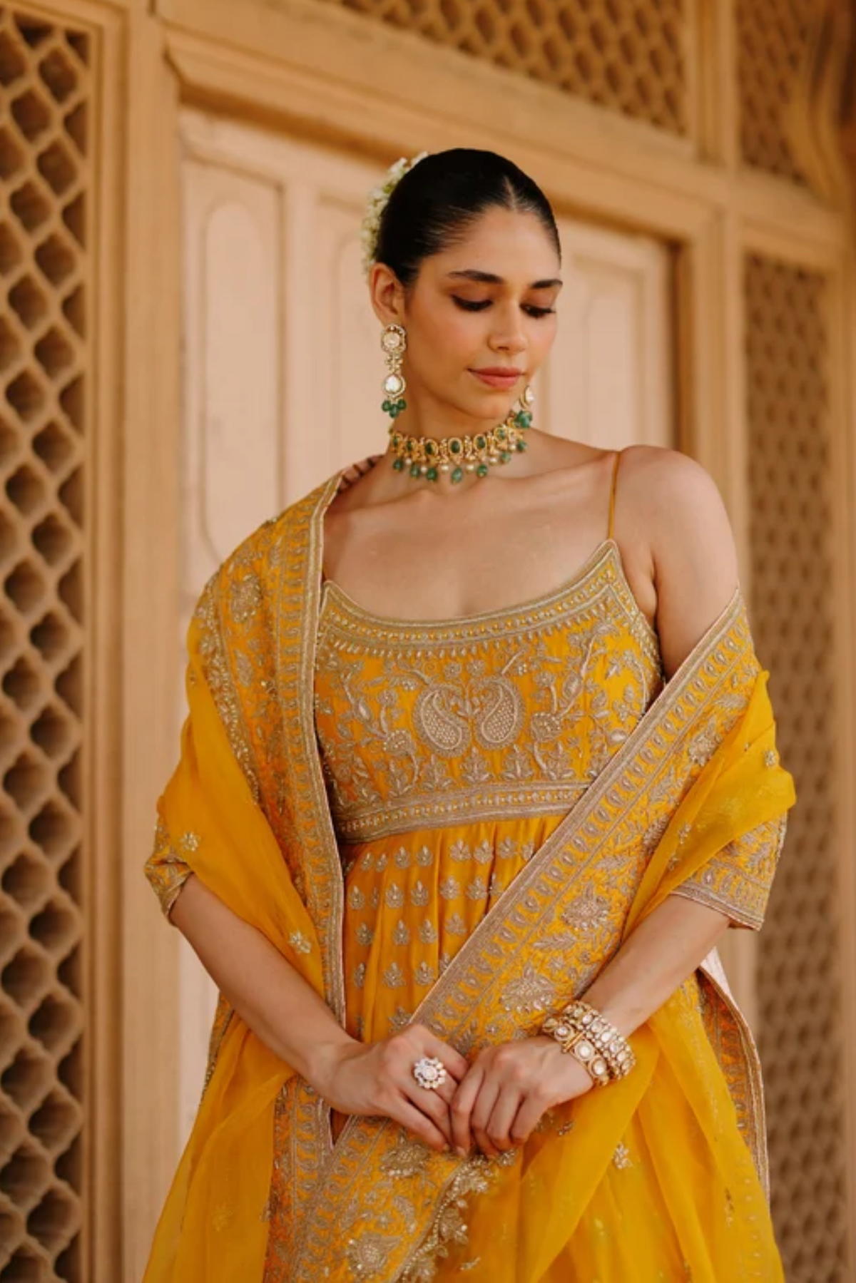 Afraa - Mustard Anarkali Set With Palazzo & Dupatta
