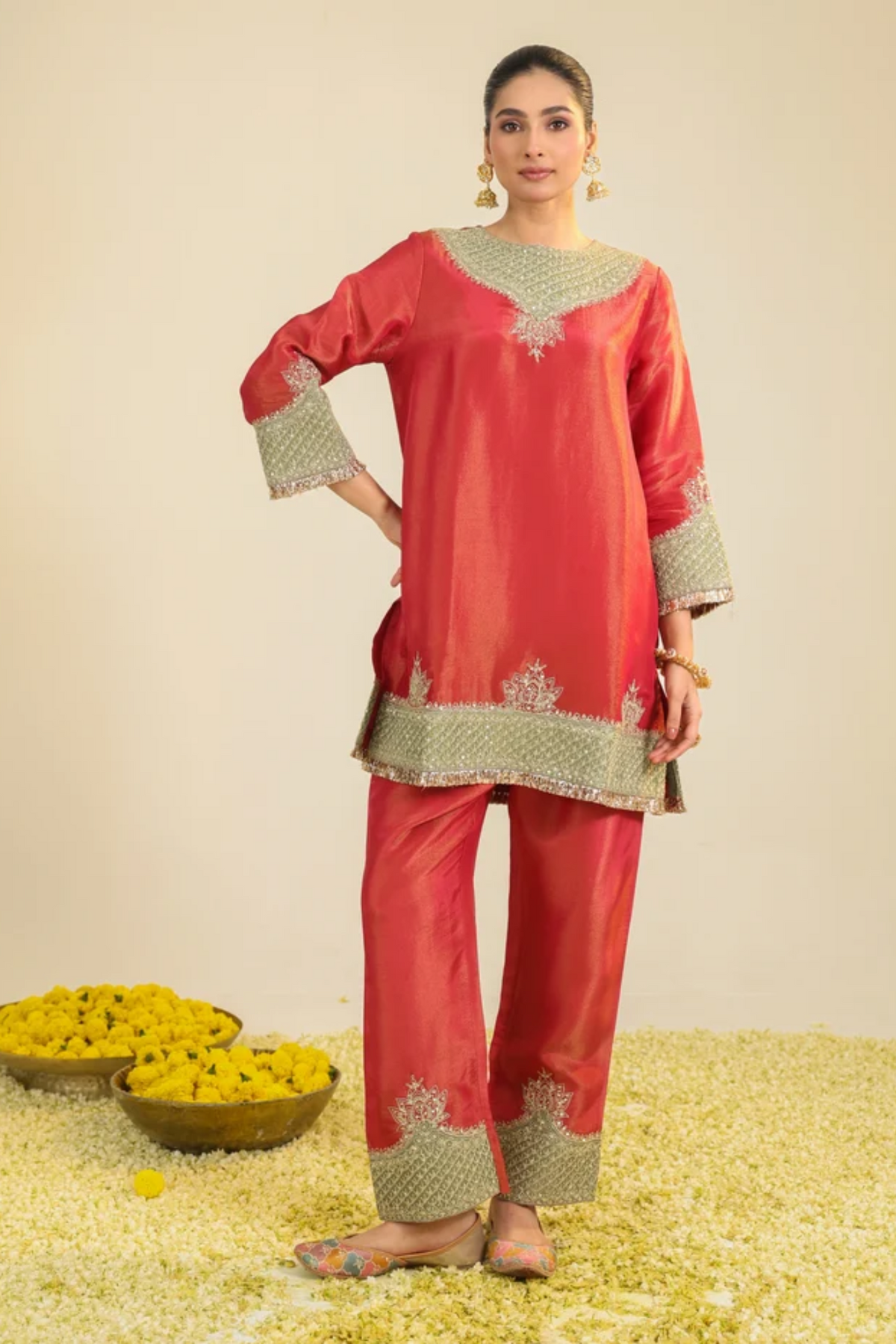 Red Divine Tissue Kurta Set