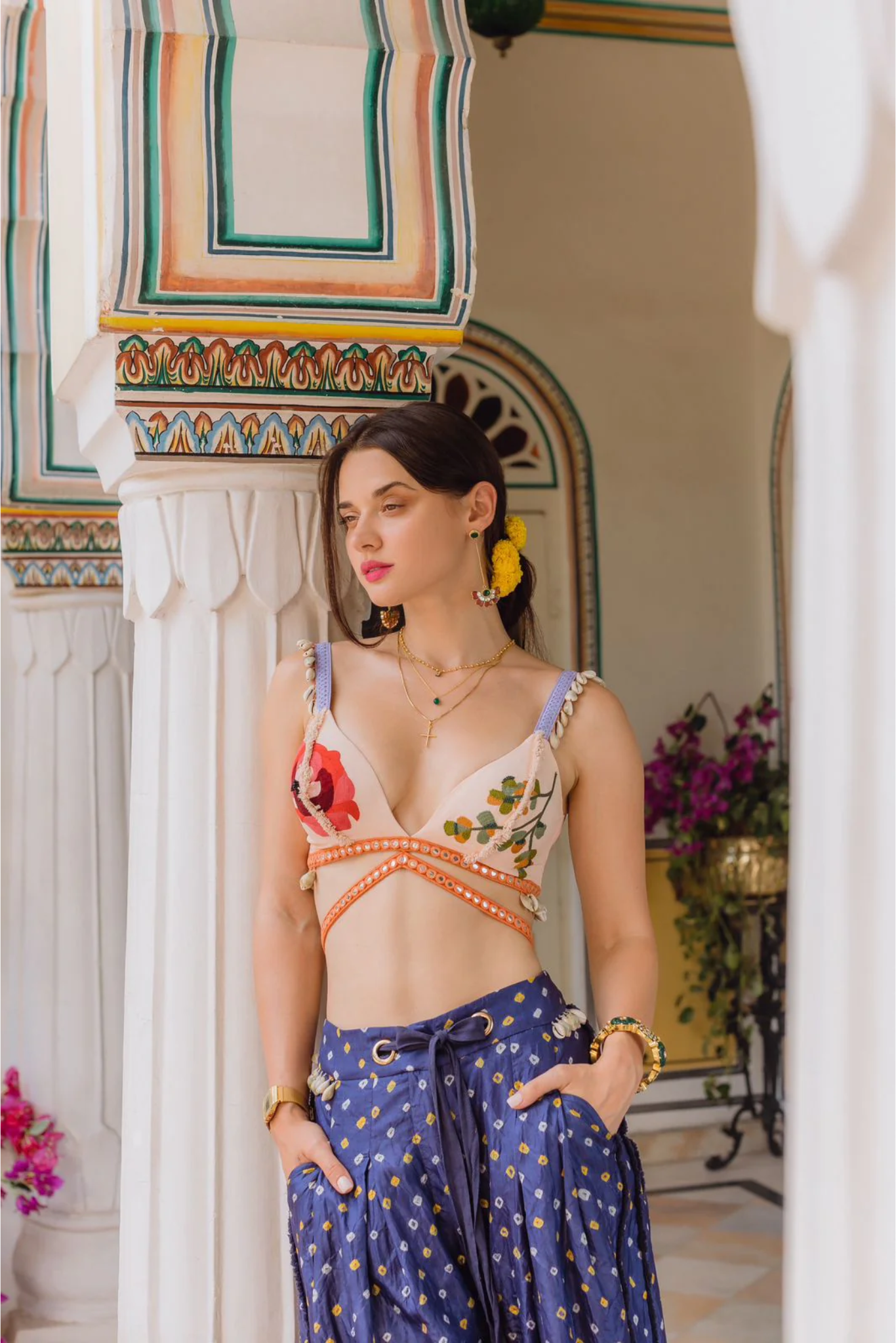 NAVY BANDHINI TROUSERS, A RED FLOWER, SHELLS