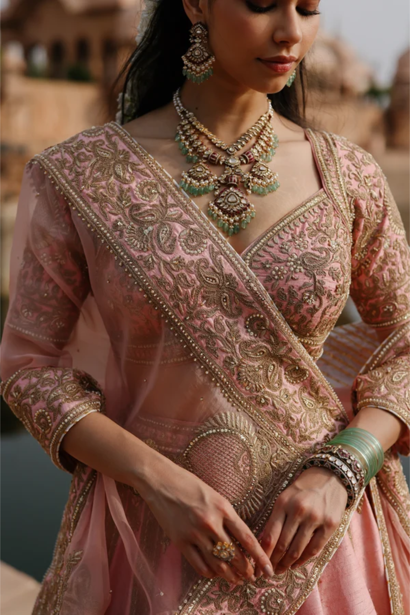 Jannah - Pink Lehenga Set With Blouse & Dupatta
