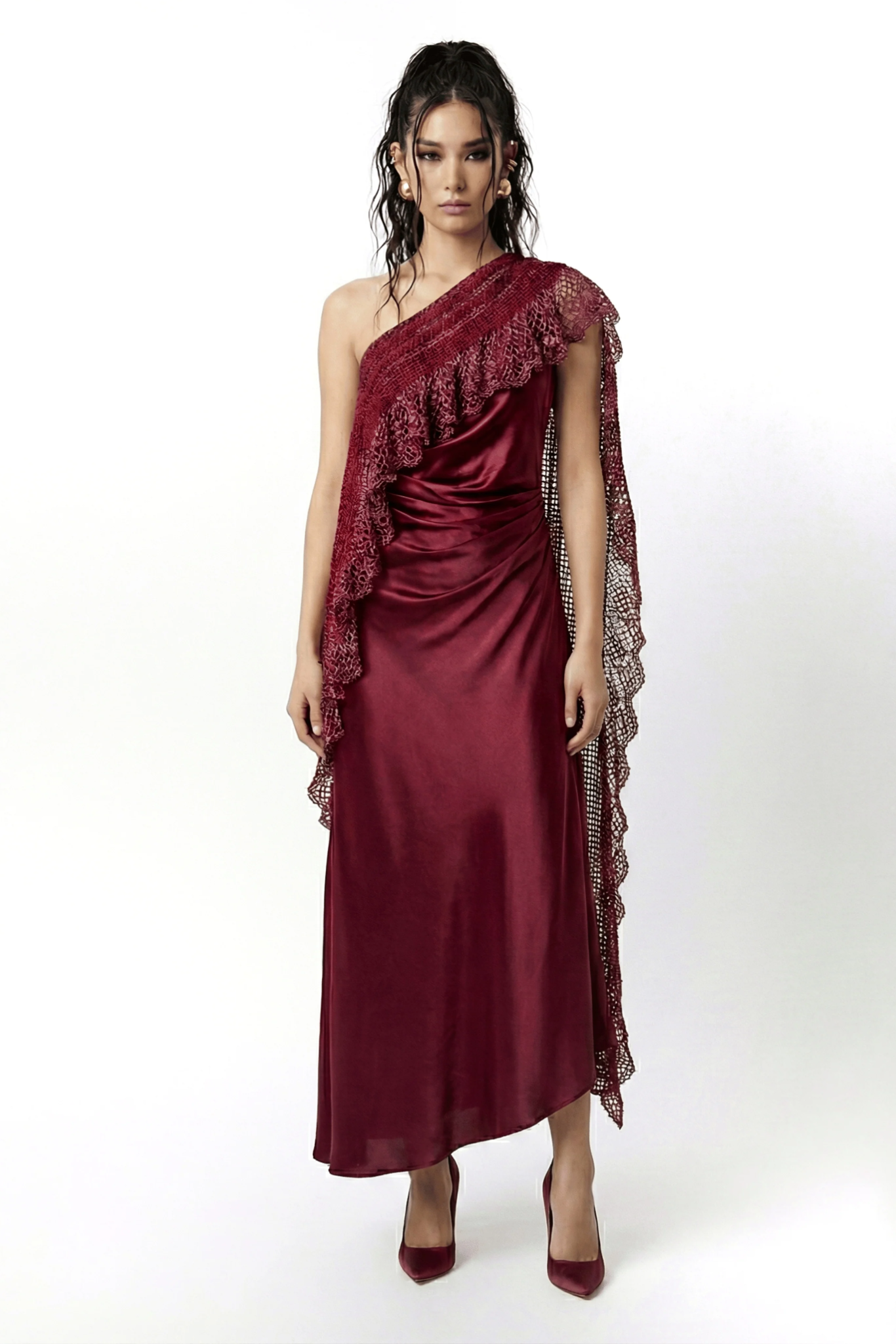 ASTRIA Crochet One Shoulder Dress - Burgandy