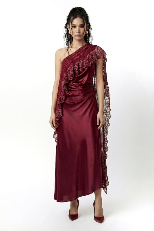 ASTRIA Crochet One Shoulder Dress - Burgandy