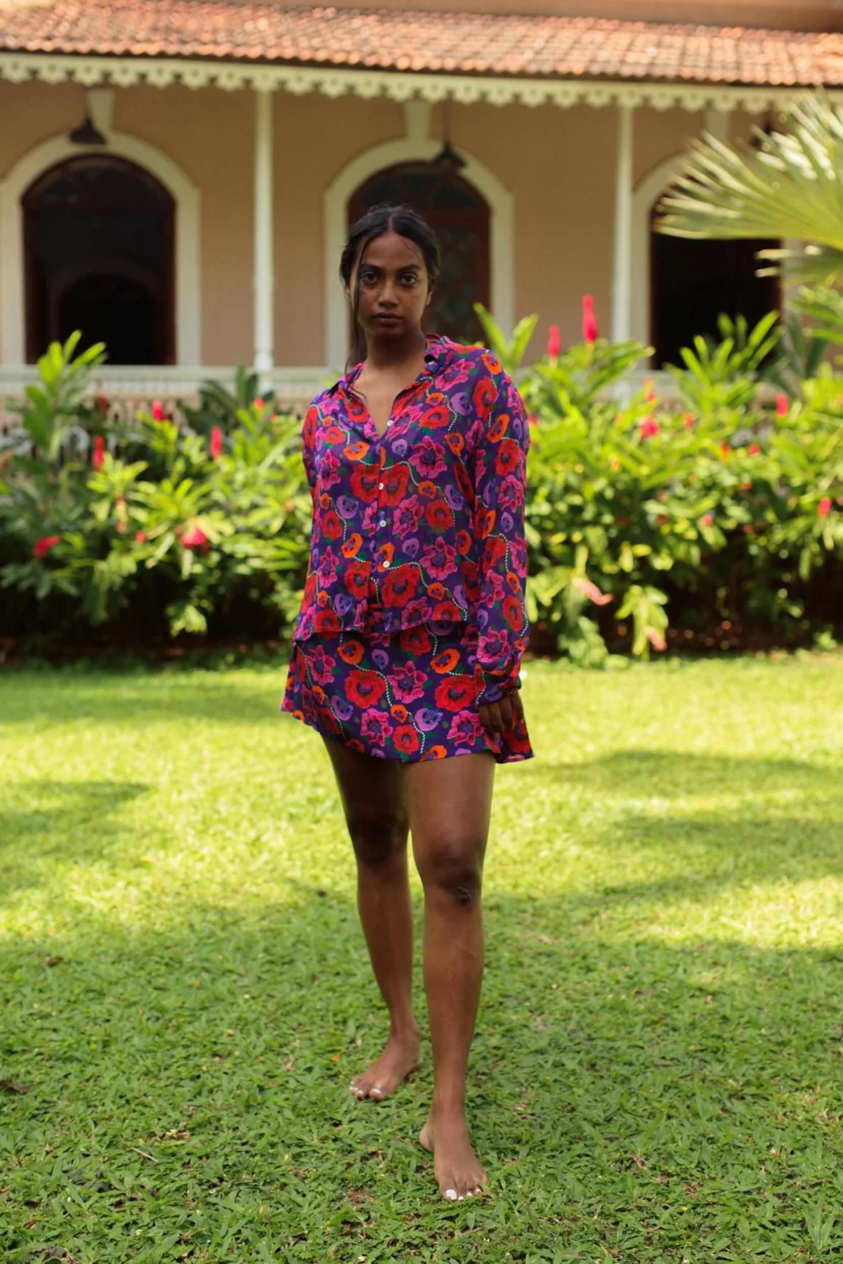 Oriental Poppy High Waist A-Line Skirt With Inner Shorts