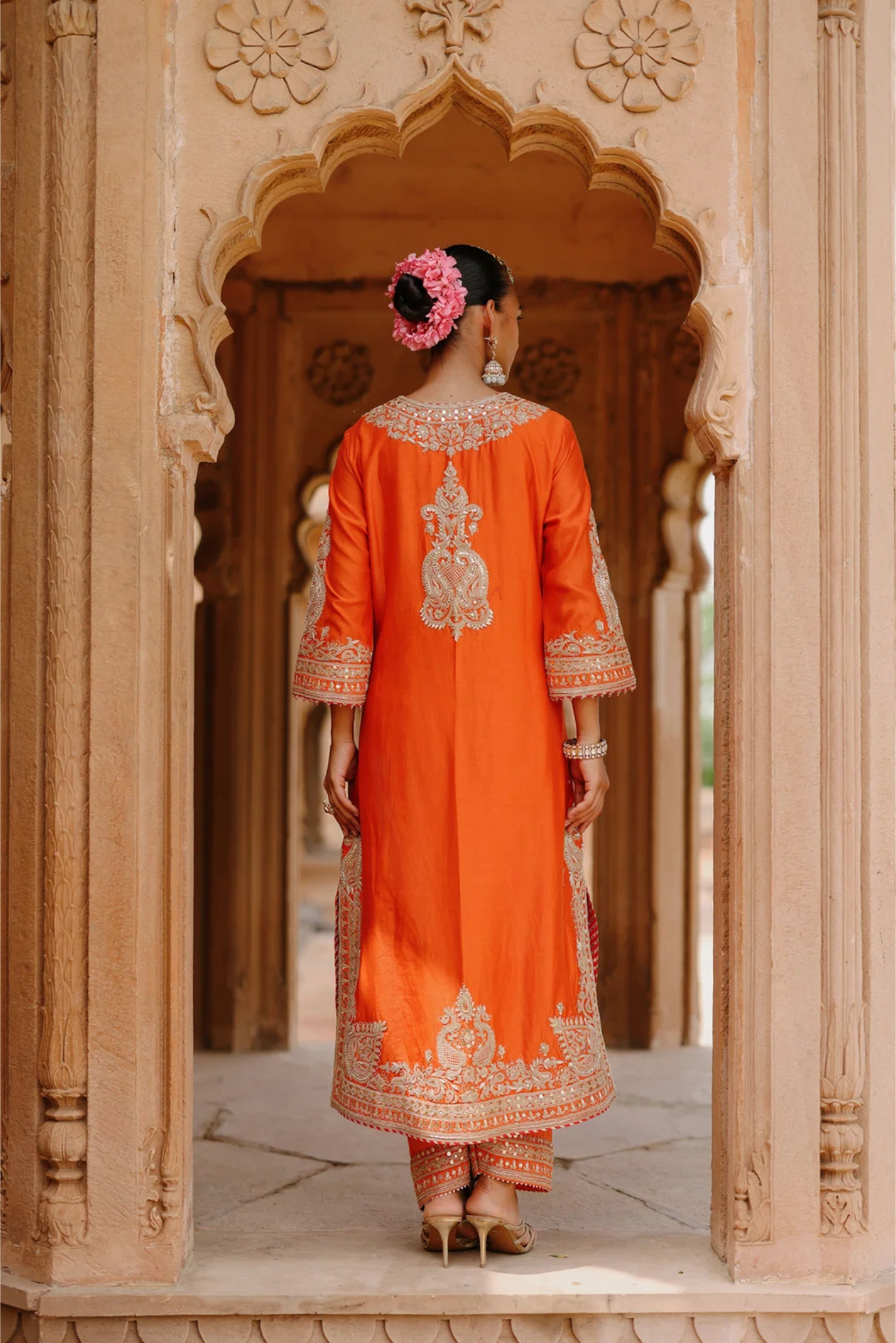 Umaira - Burnt Orange Long Kurta Set with Salwar & Dupatta