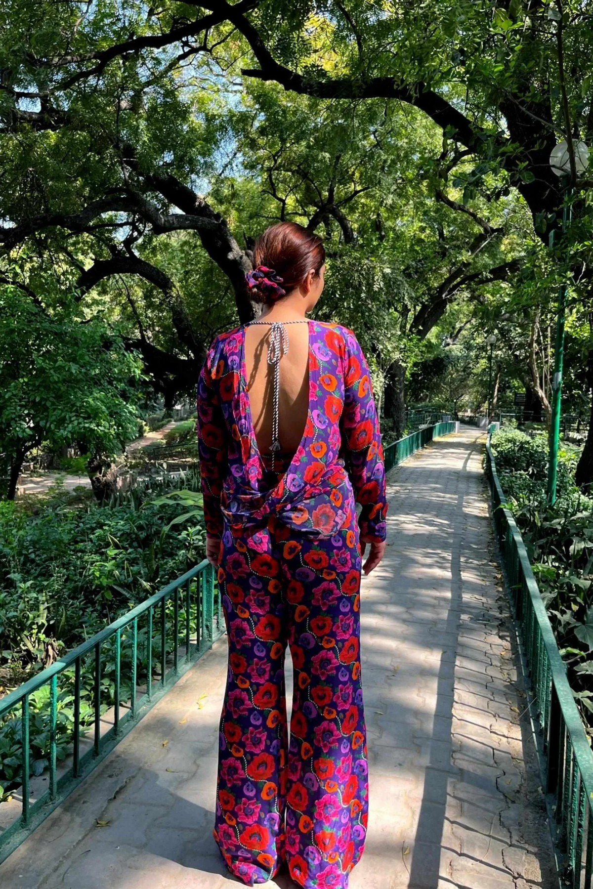 Oriental Poppy Plunge Back Top With Handcrafted Tie-Ups