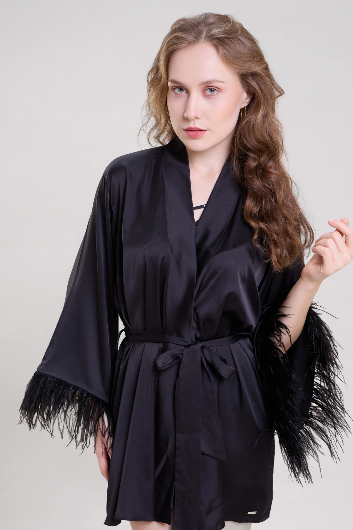 Midnight Black Robe with Feather Sleeves