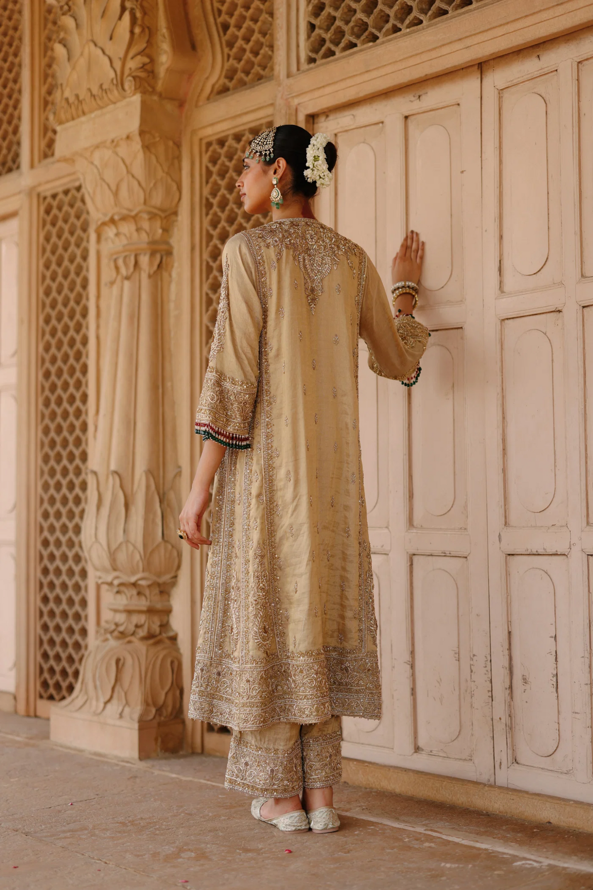 Nazaara - Gold Tissue Long Kalidaar Chauga Set With Palazzo & Dupatta