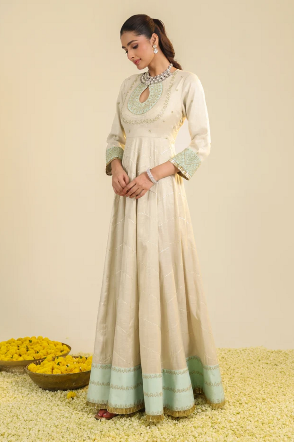Off White Shimmer Tarini Anarkali Set