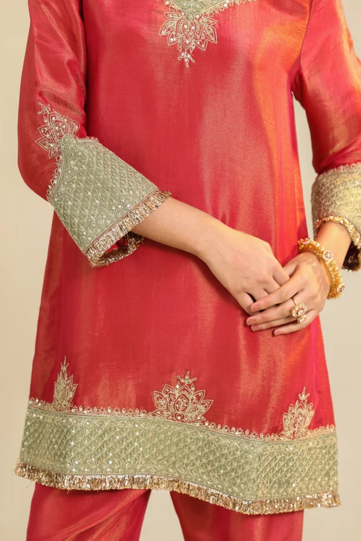 Red Divine Tissue Kurta Set