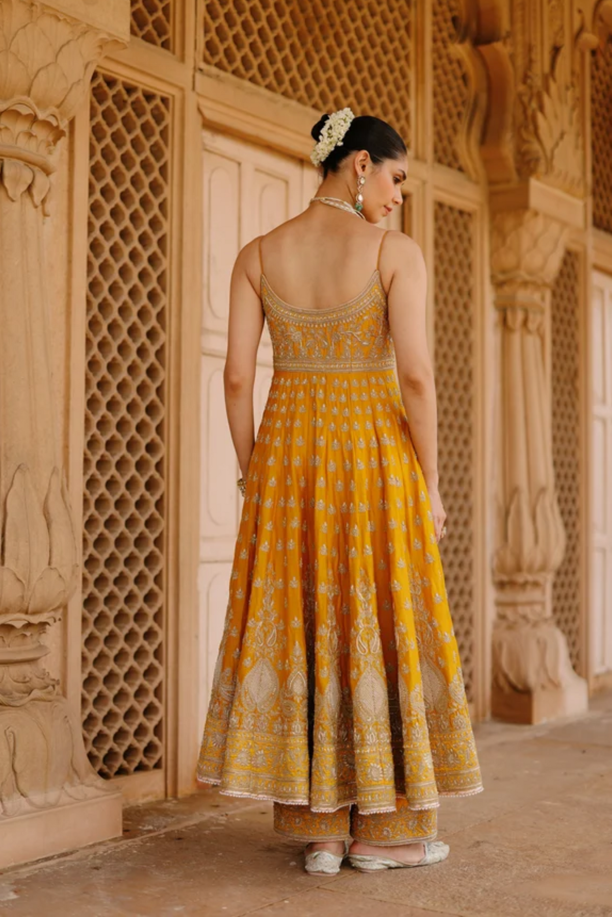 Afraa - Mustard Anarkali Set With Palazzo & Dupatta