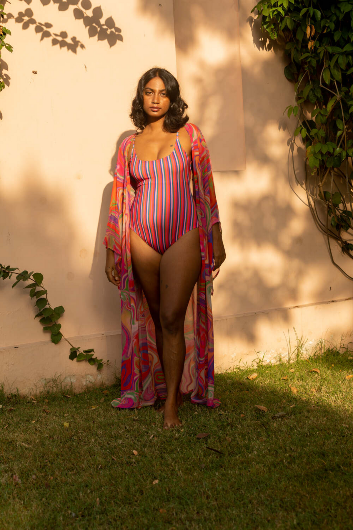 One Piece Swimsuit with Removable Belt - Candy Stripes